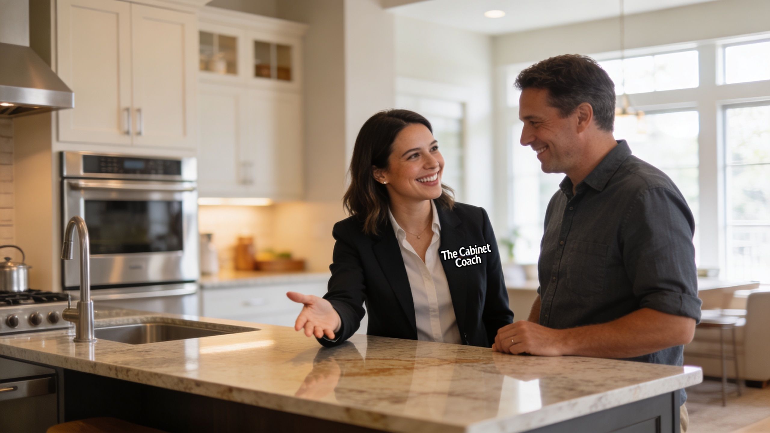 A professional woman in a blazer consulting a homeowner in a modern, bright residential kitchen.