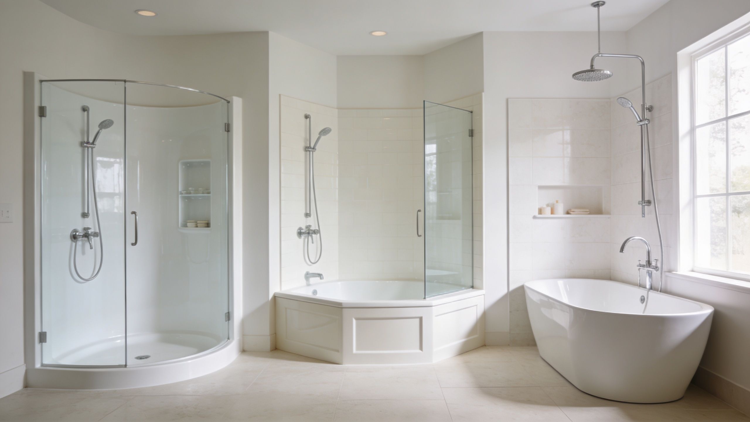 A modern, bright bathroom featuring a separate glass shower enclosure, a corner bathtub, and a freestanding soaking tub.