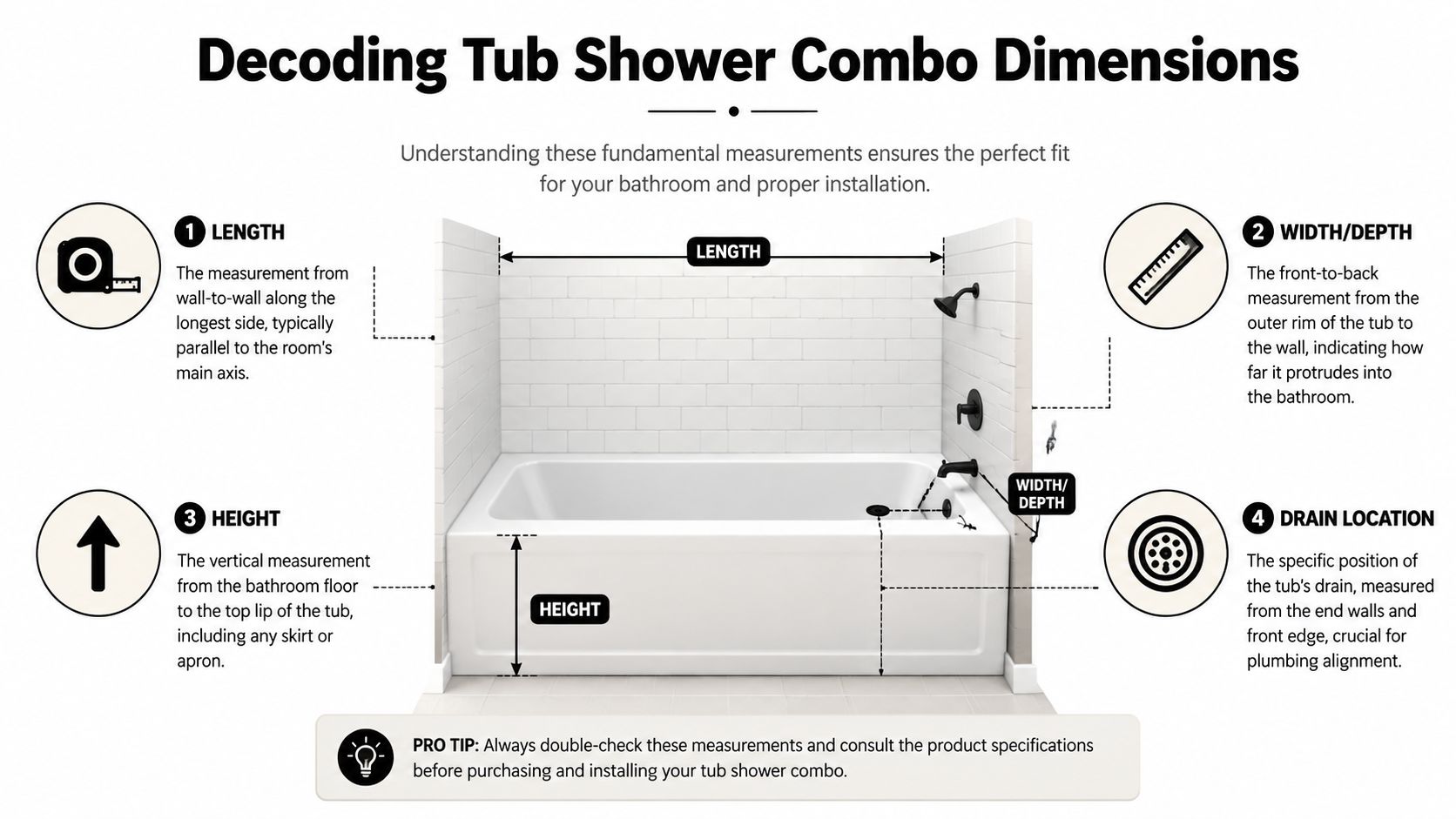 An instructional diagram labeled Decoding Tub Shower Combo Dimensions showing how to measure bathtub length, width, depth, and height.