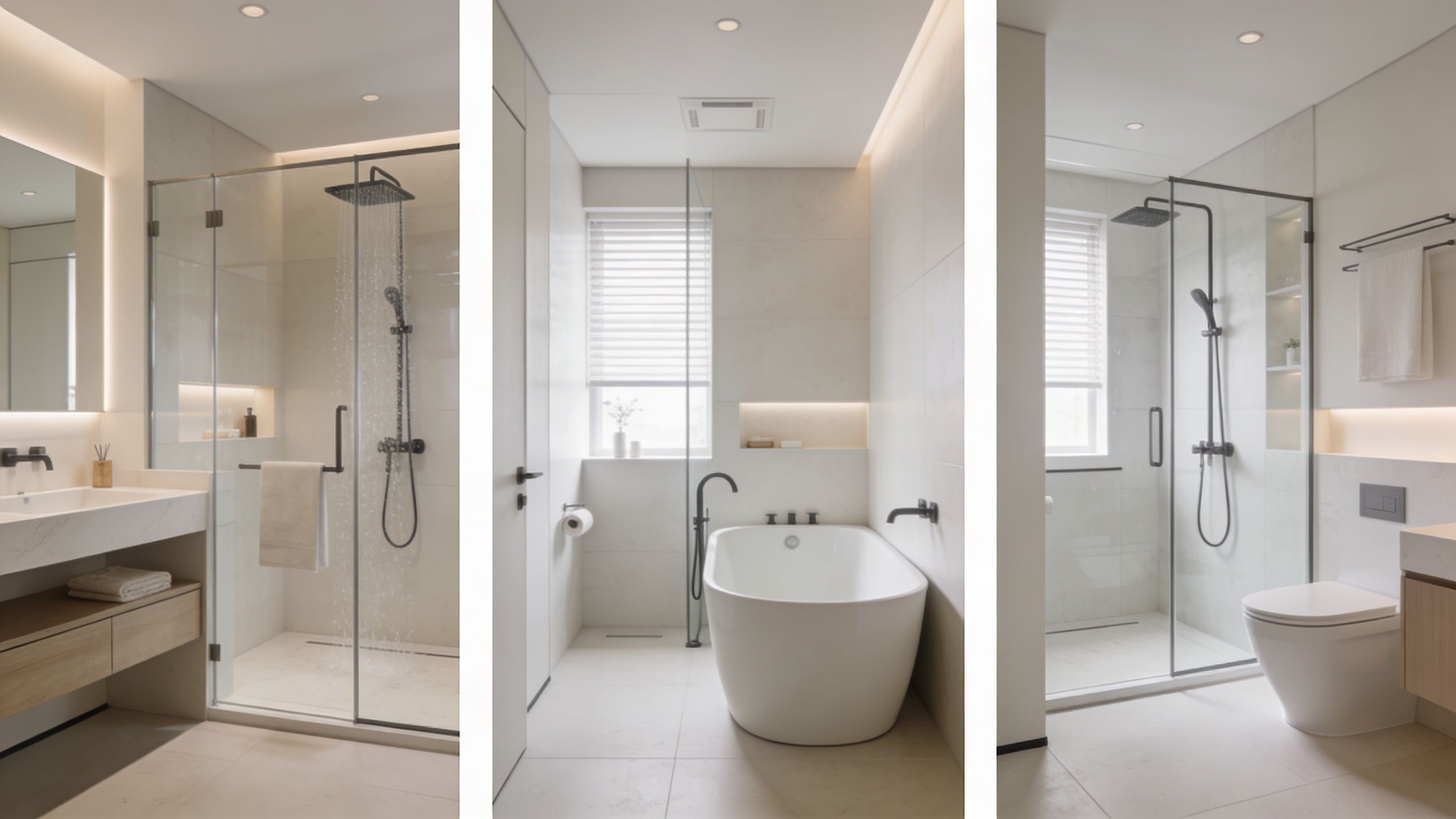 A modern, minimalist bathroom design featuring a glass-enclosed shower, a white soaking tub, and a floating vanity.