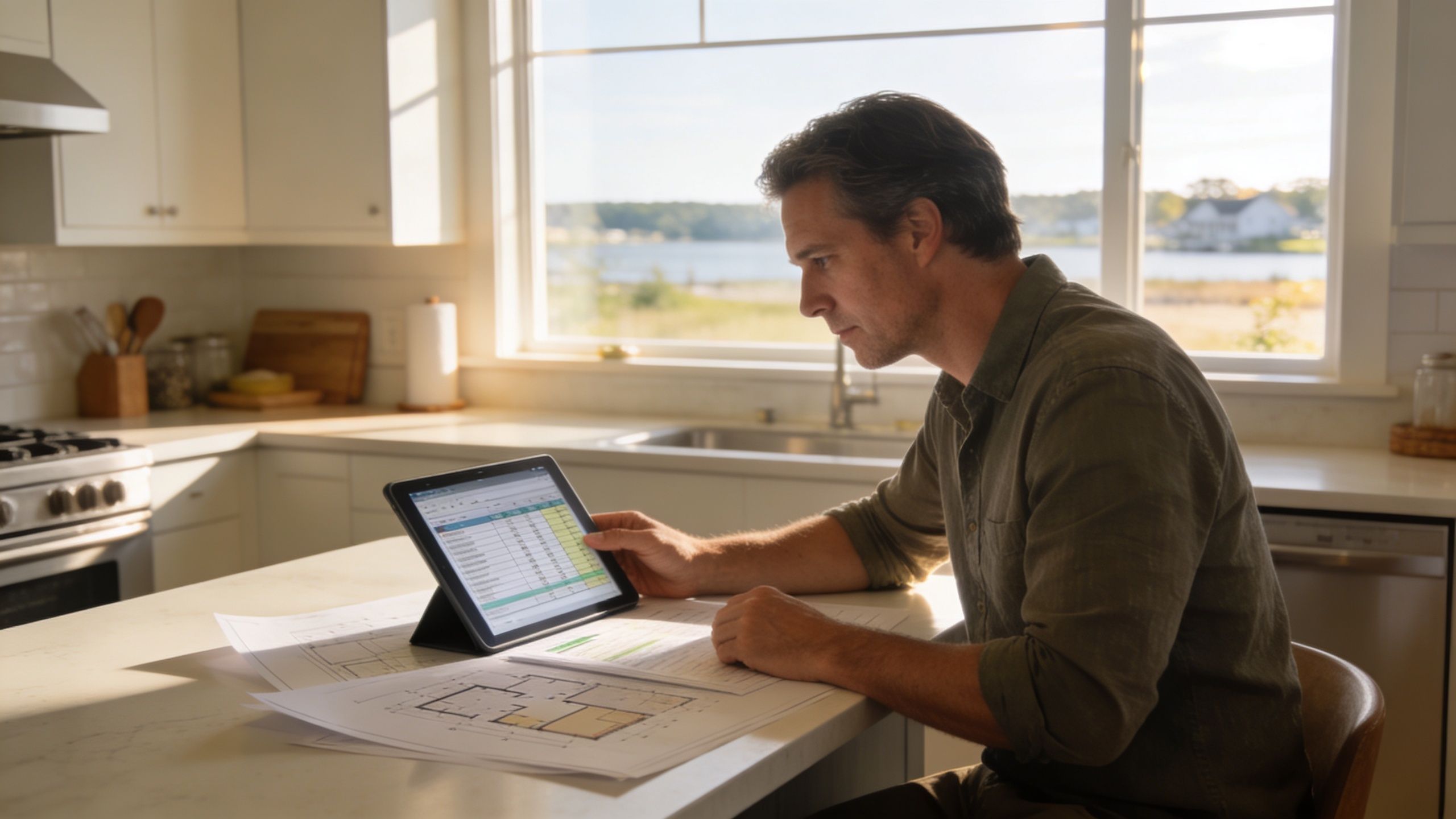 A man sitting at a kitchen counter reviewing construction blueprints and budget spreadsheets on a tablet.