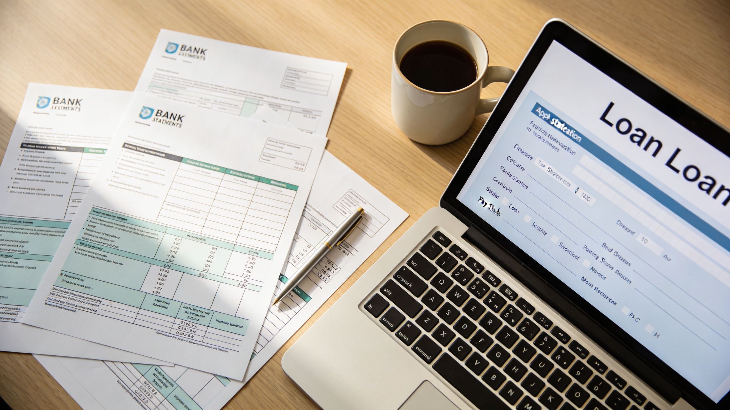 A laptop showing a loan application with bank statements and a coffee cup on a wooden desk.