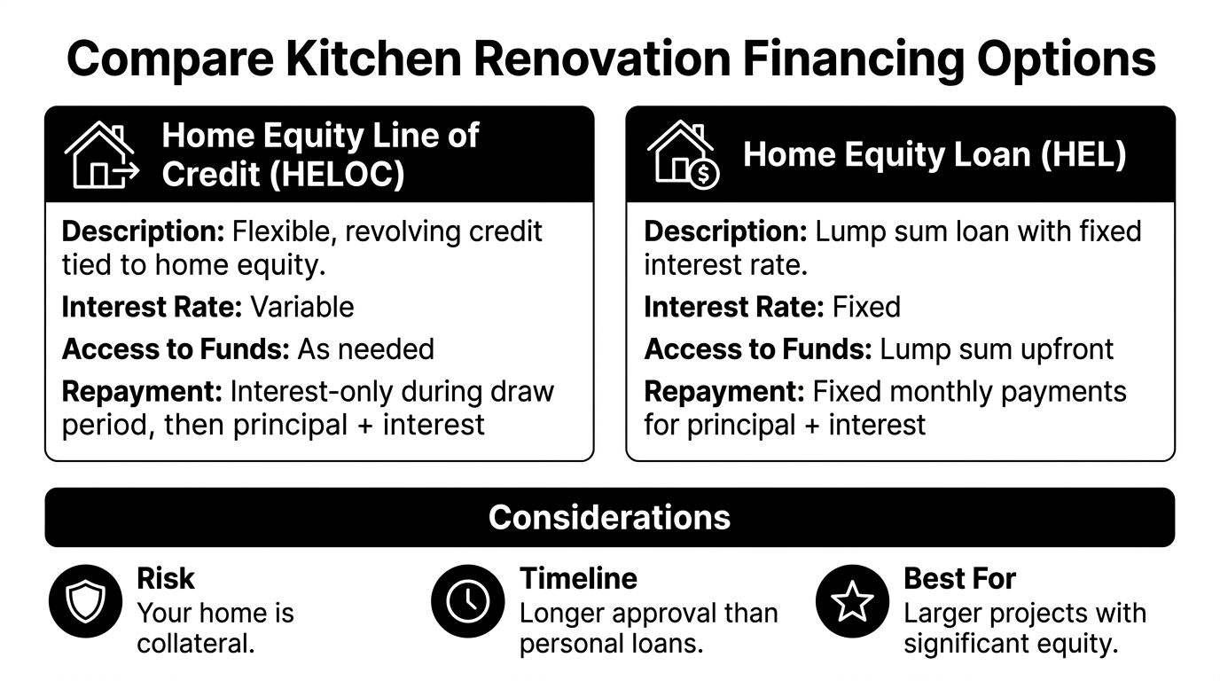 A comparison chart outlining the key differences between a HELOC and a Home Equity Loan for renovations.
