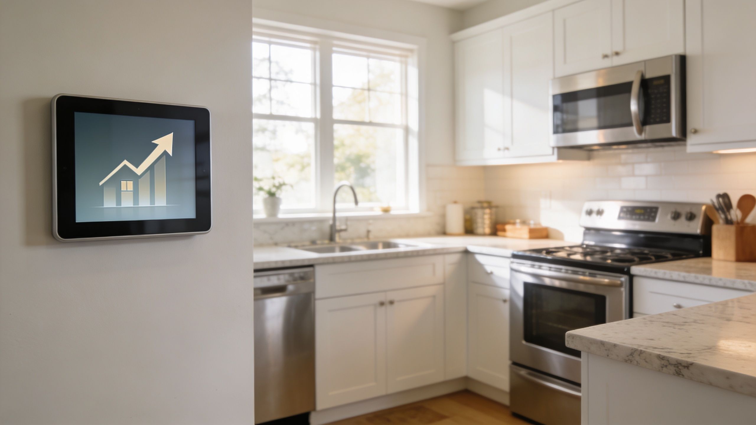 A tablet on a wall showing a growth chart inside a modern kitchen home renovation concept.