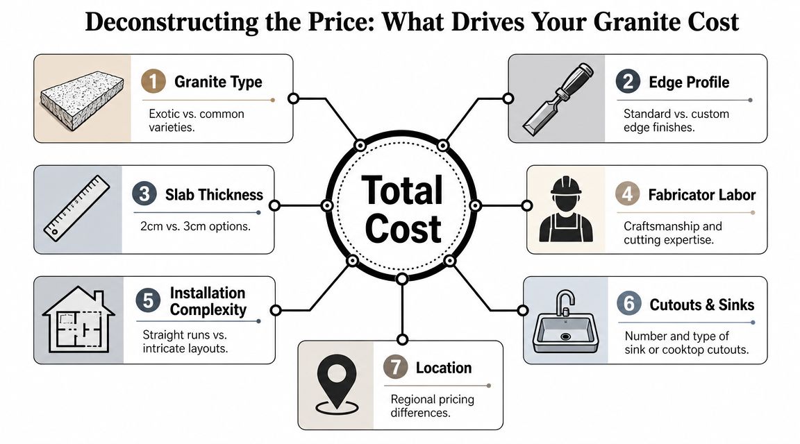 A diagram infographic explaining the seven key factors that determine the total cost of installing granite countertops.