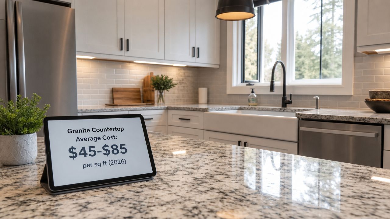 A digital tablet on a kitchen counter displays the average cost of granite countertops in 2026.