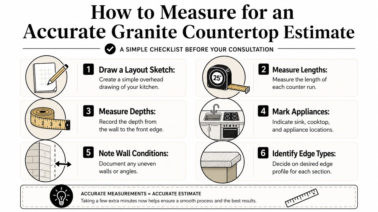 A checklist infographic illustrating six essential steps for measuring your kitchen for a granite countertop installation estimate.