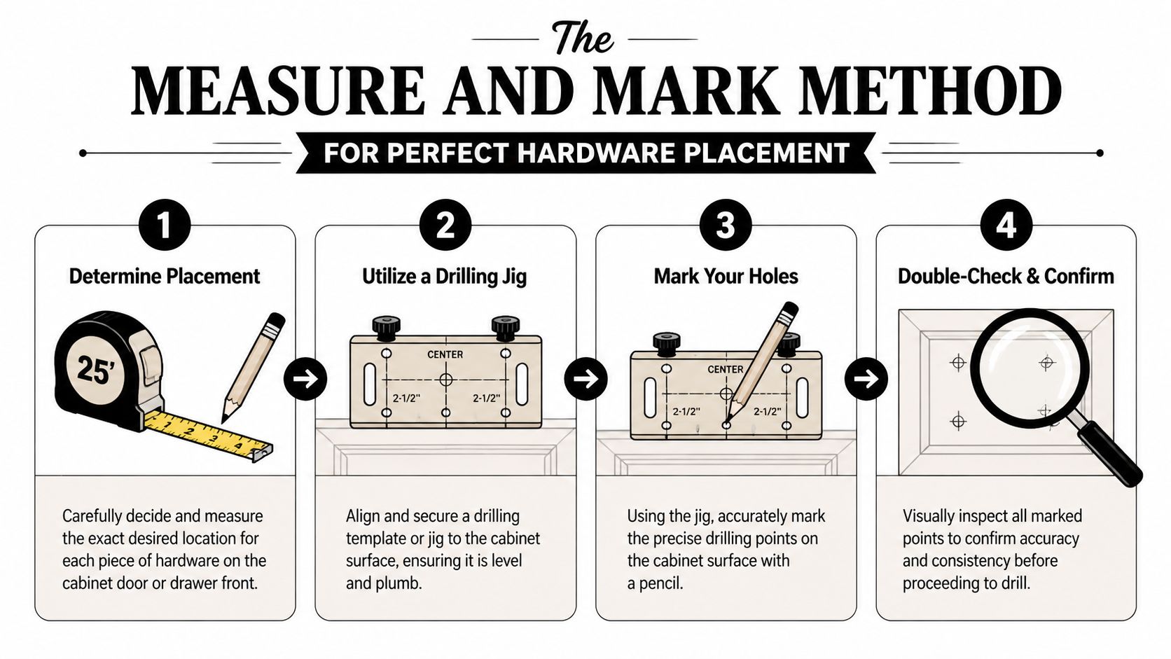 A four-step infographic explaining the measure and mark method for installing cabinet hardware with a jig.