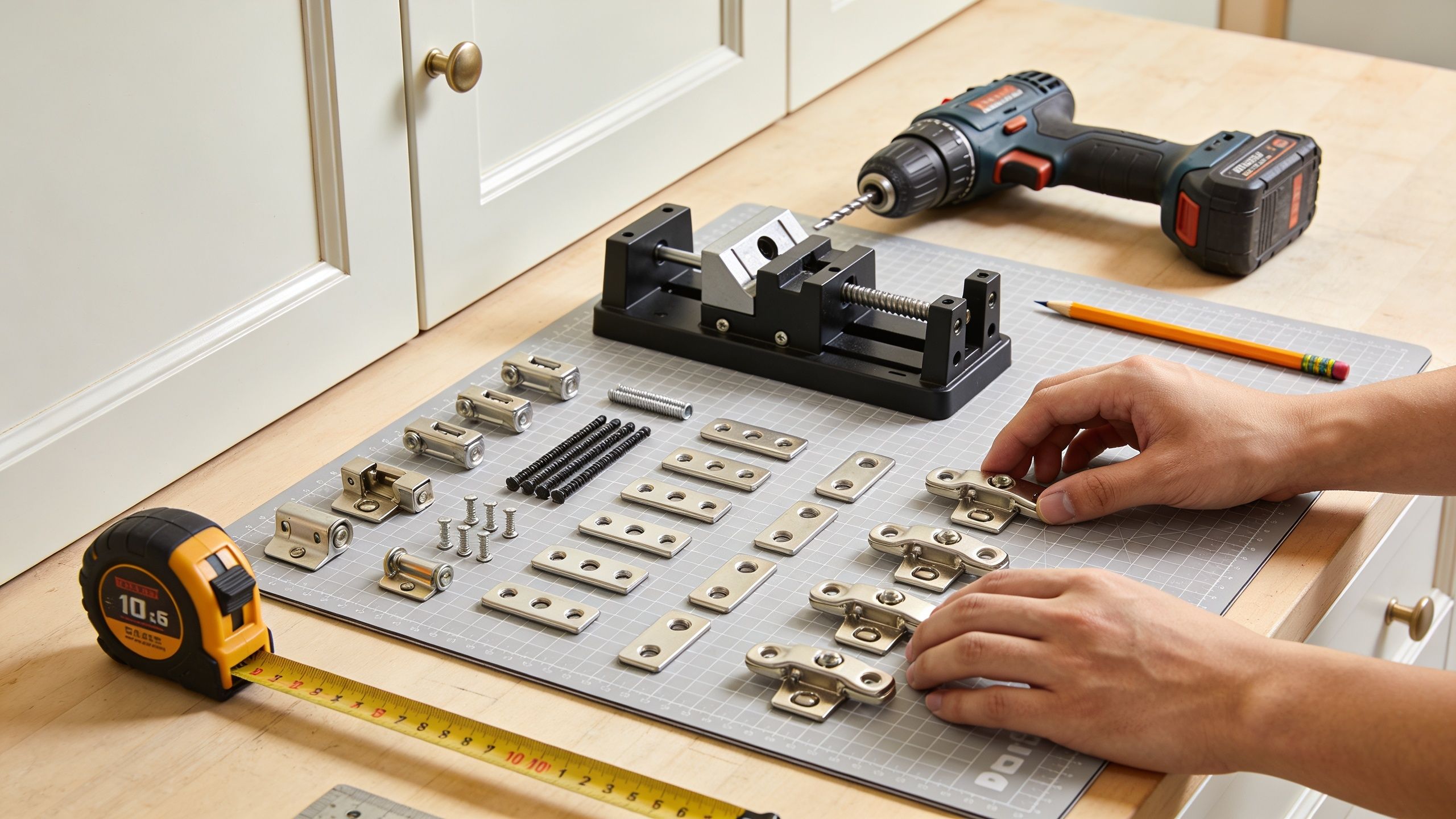 A person preparing to install cabinet hardware on a workbench with various metal components and tools.
