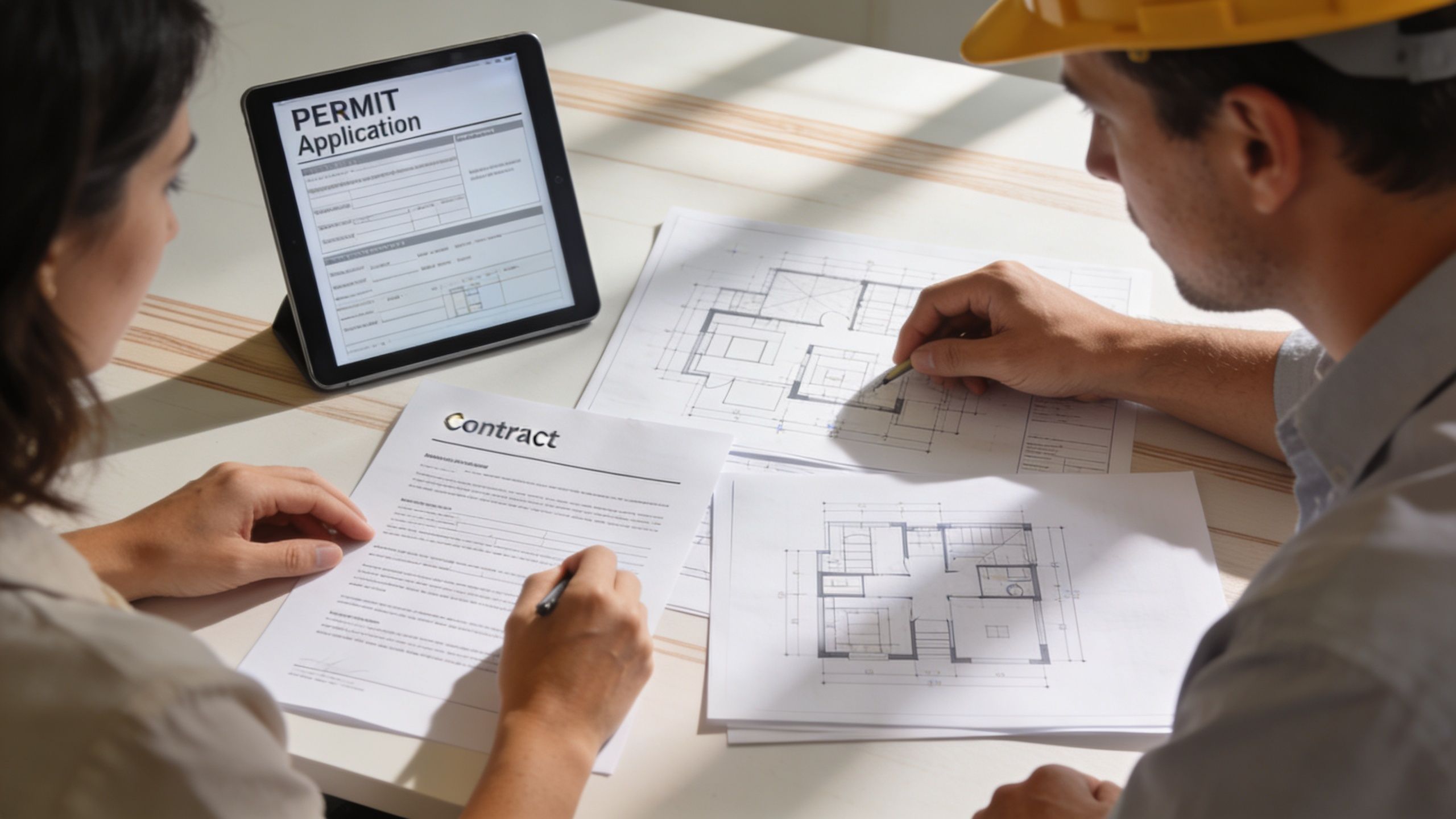 A professional construction project discussion with architectural blueprints, a contract, and a permit application on a tablet.