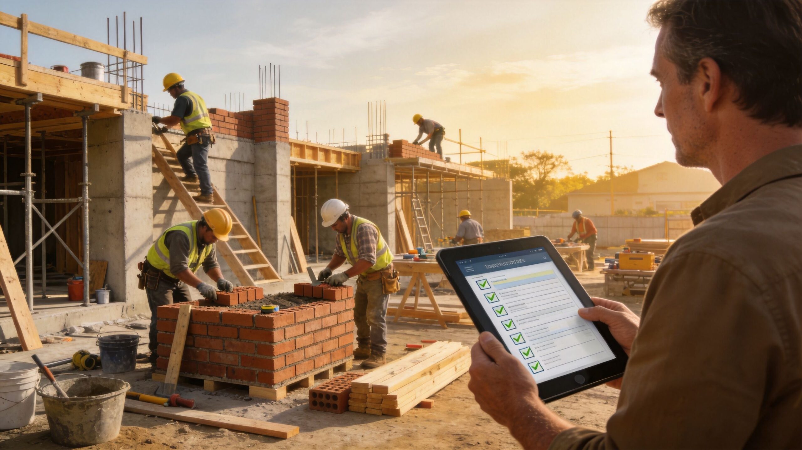 A construction manager holding a tablet with a checklist while overseeing workers building a new house structure.