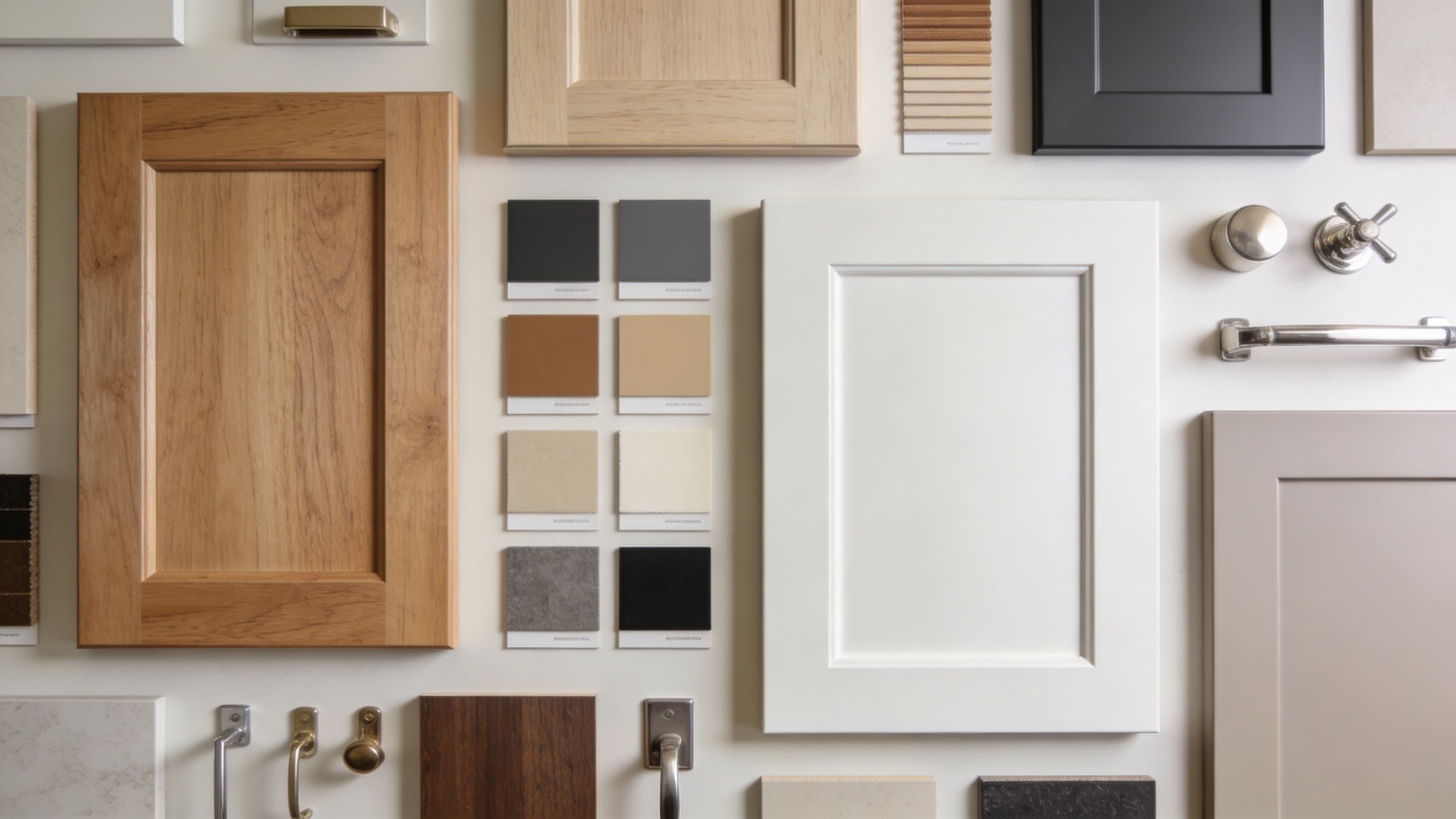 An array of kitchen cabinet door samples, color swatches, and hardware finishes on a wall display.