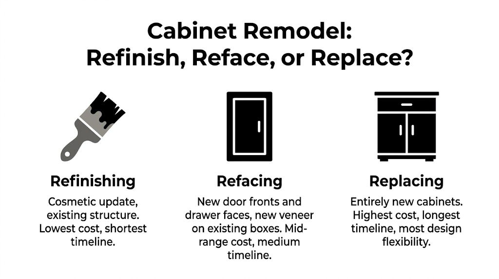 A comparison chart explaining the differences between cabinet refinishing, cabinet refacing, and full cabinet replacement options.