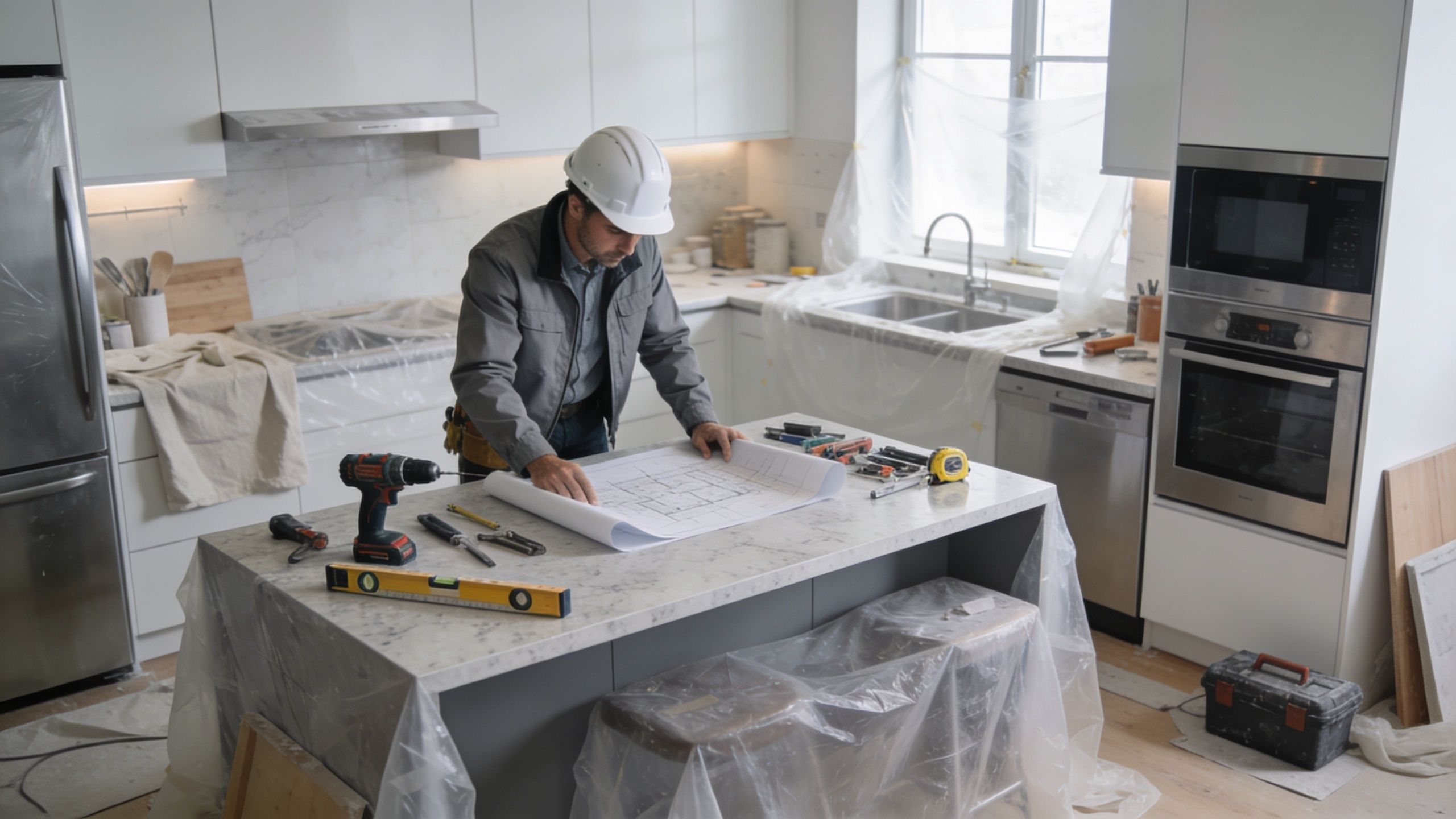 A professional construction worker wearing a white hard hat reviews blueprints on a kitchen island during renovation.