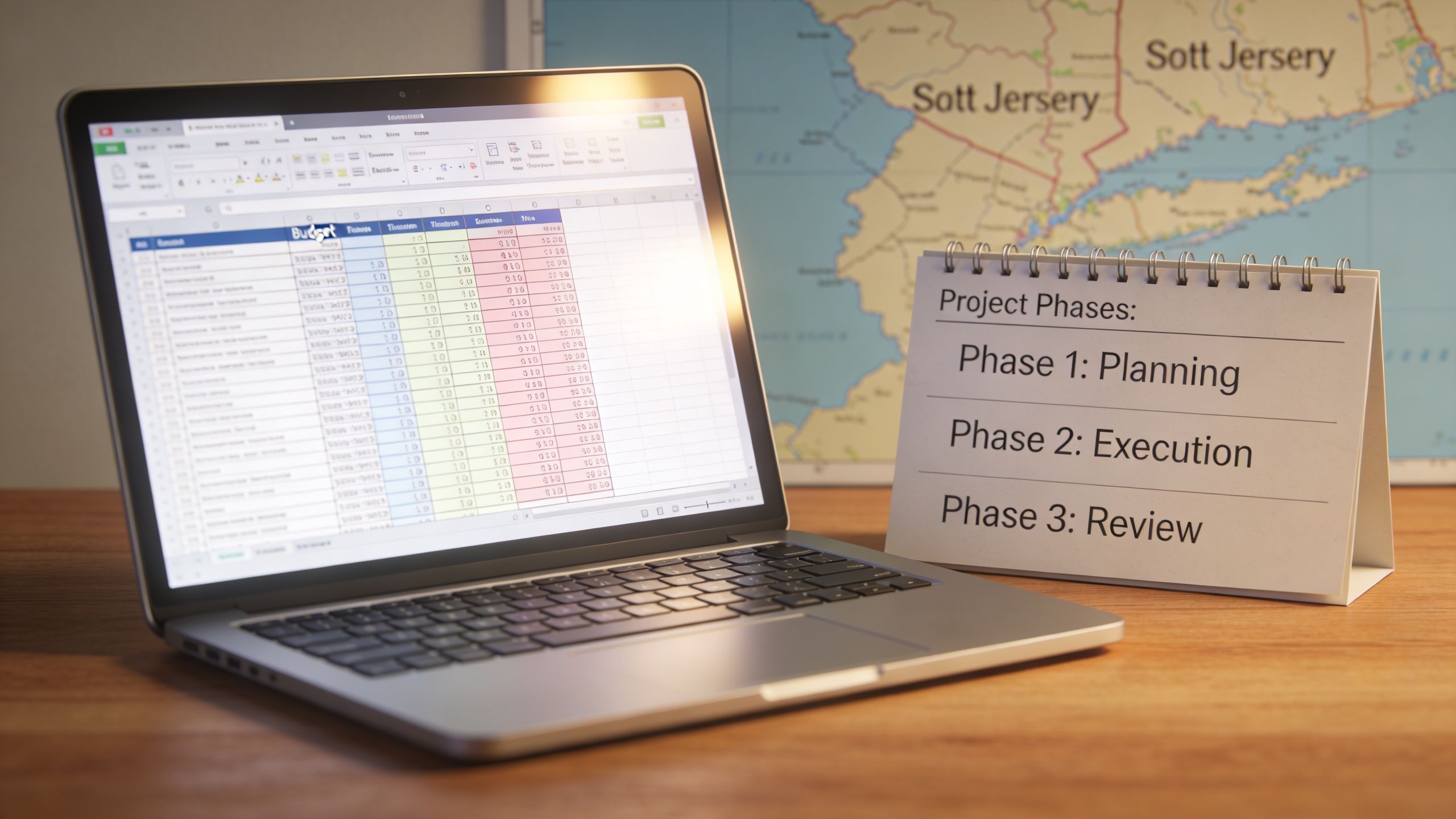 A laptop showing a spreadsheet next to a project planning calendar on a wooden desk.
