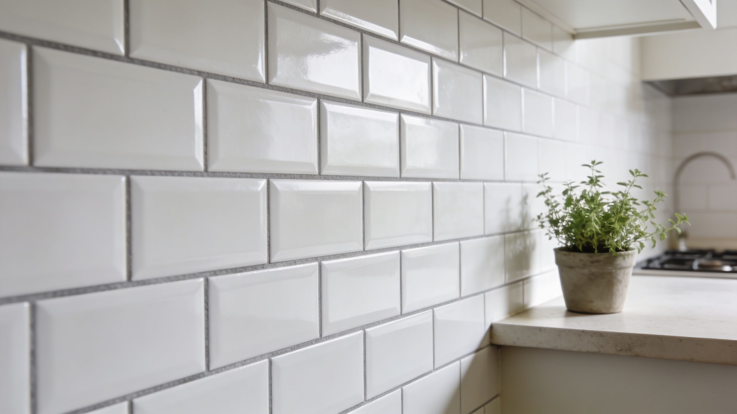 A close-up view of a clean white subway tile kitchen backsplash with a small potted green plant.