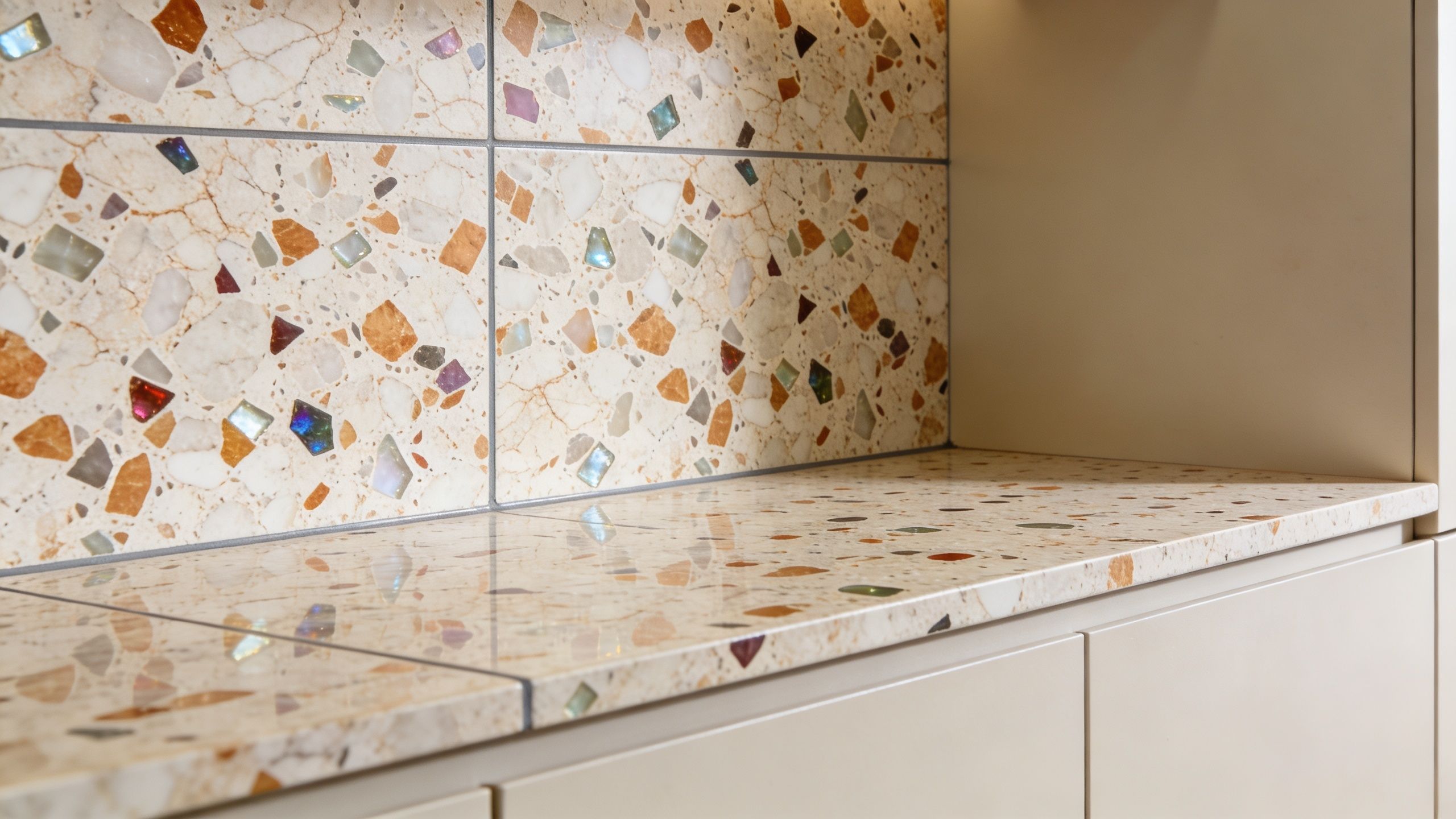 A modern kitchen backsplash and countertop featuring beige terrazzo stone with colorful embedded aggregate chips.