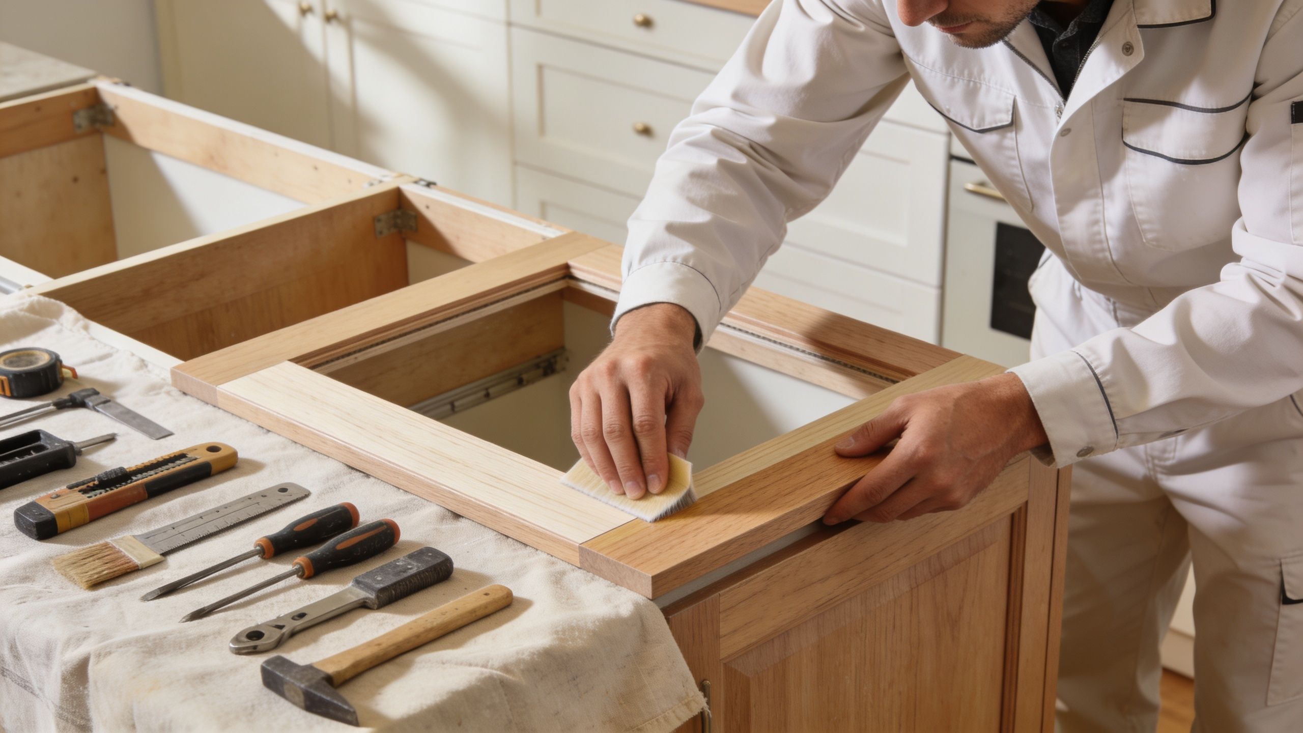 A professional carpenter working on kitchen cabinet refacing with various tools on a work table nearby.