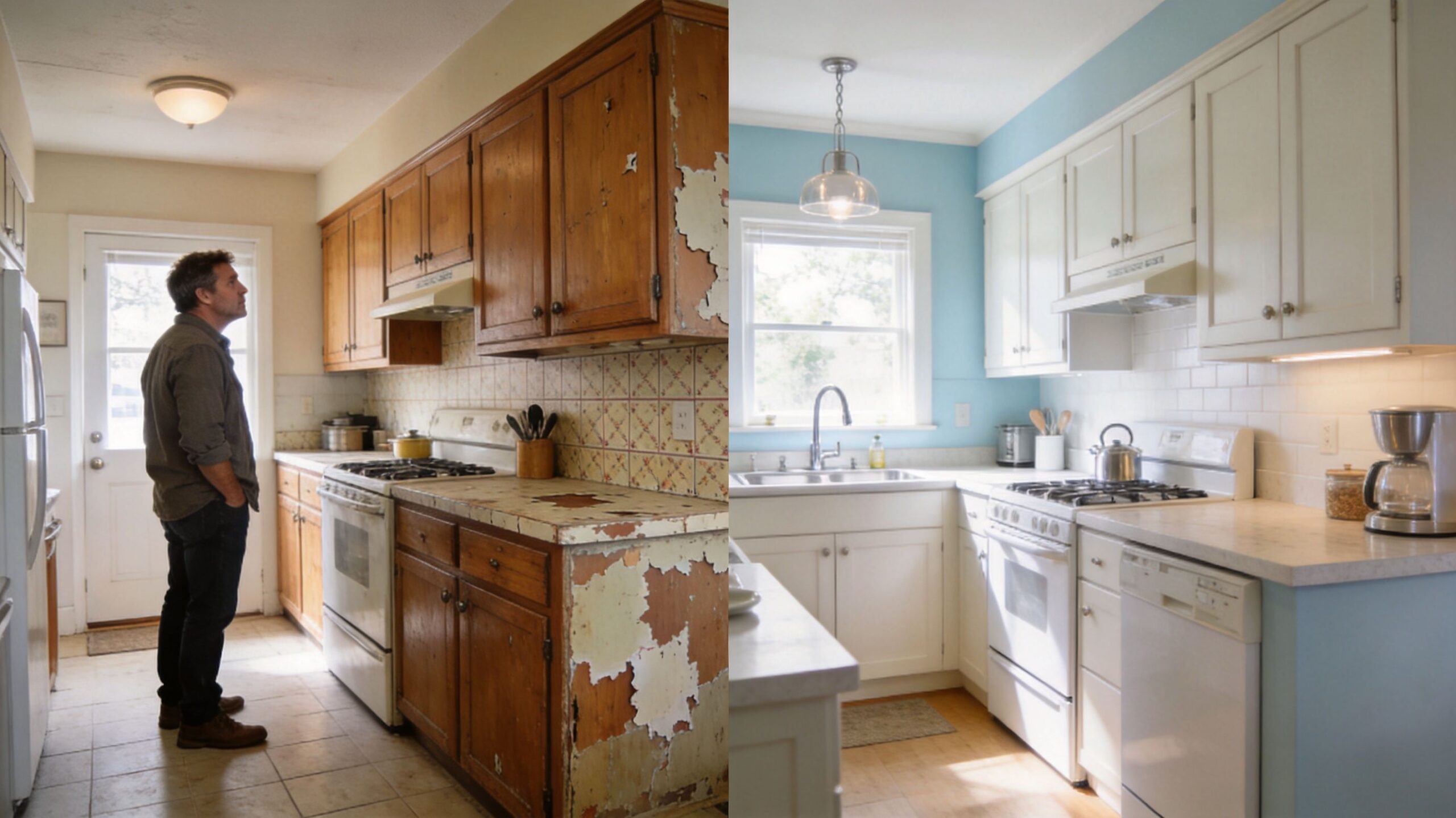 Before and after comparison of a home kitchen renovation showing updated cabinets and new paint colors.