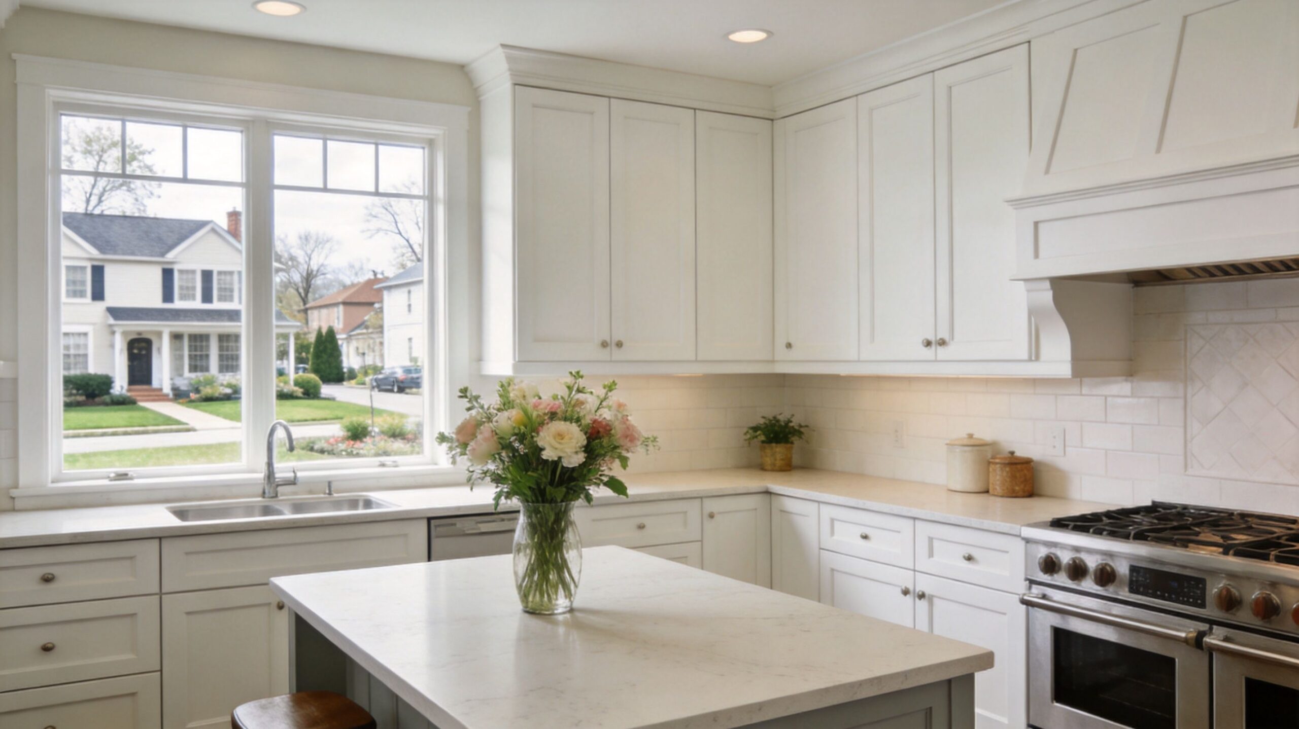 A modern kitchen interior featuring white cabinetry, marble countertops, and a bright view through the window.