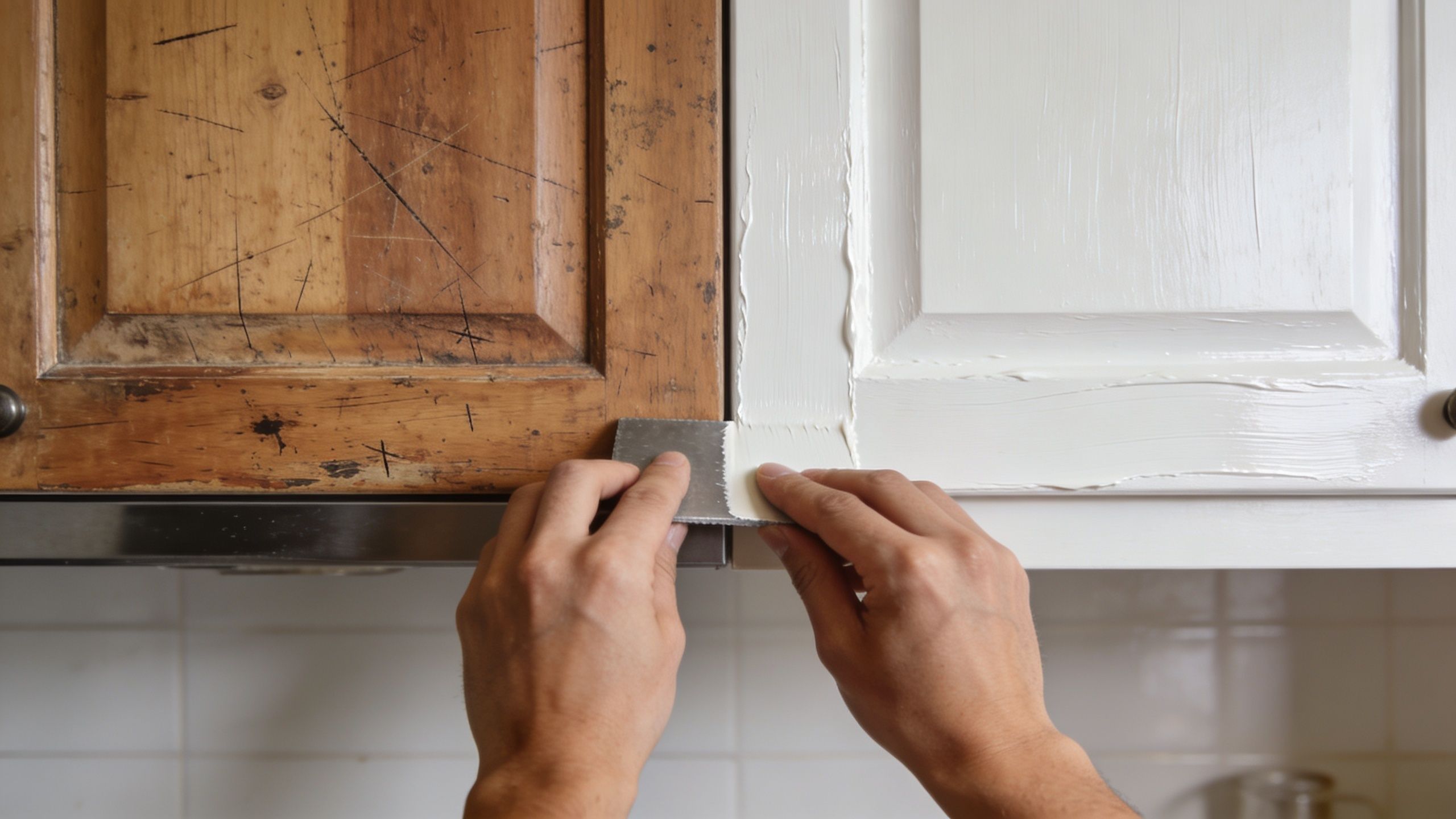 A person using a metal putty knife to apply filler or paint to a kitchen cabinet door.