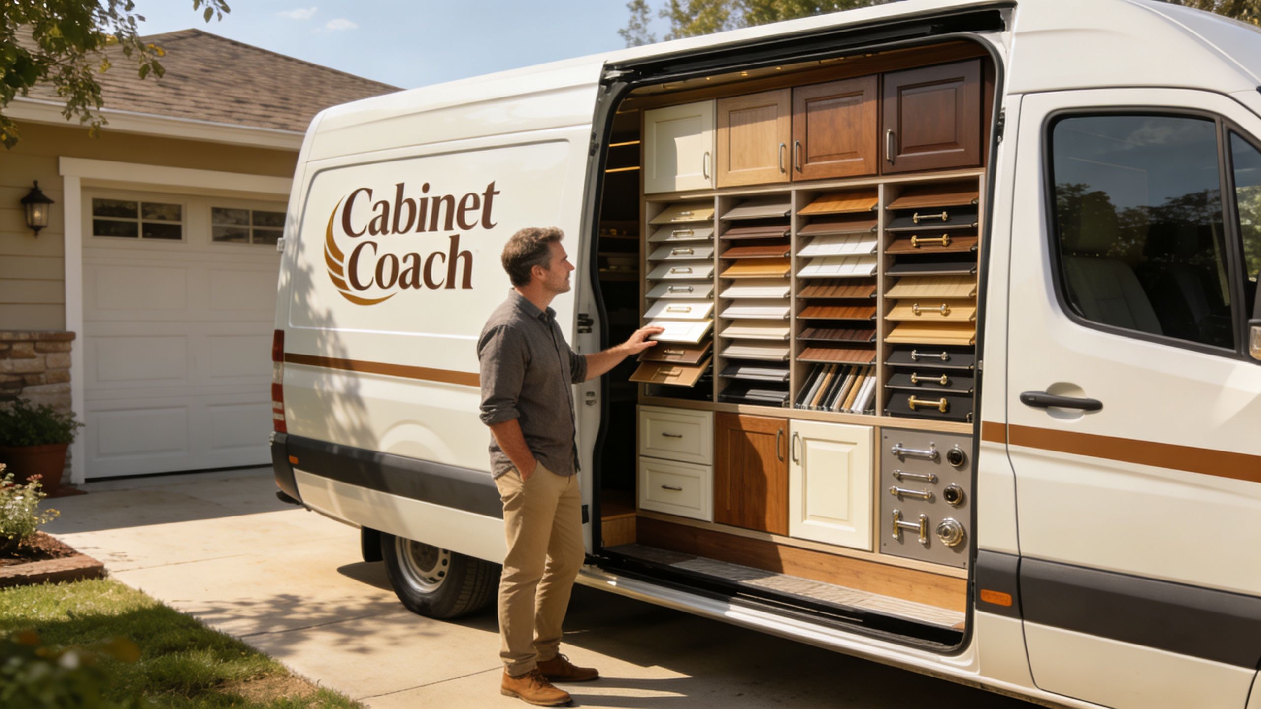 A professional cabinet coach representative shows a variety of cabinet door samples and hardware from a mobile van.