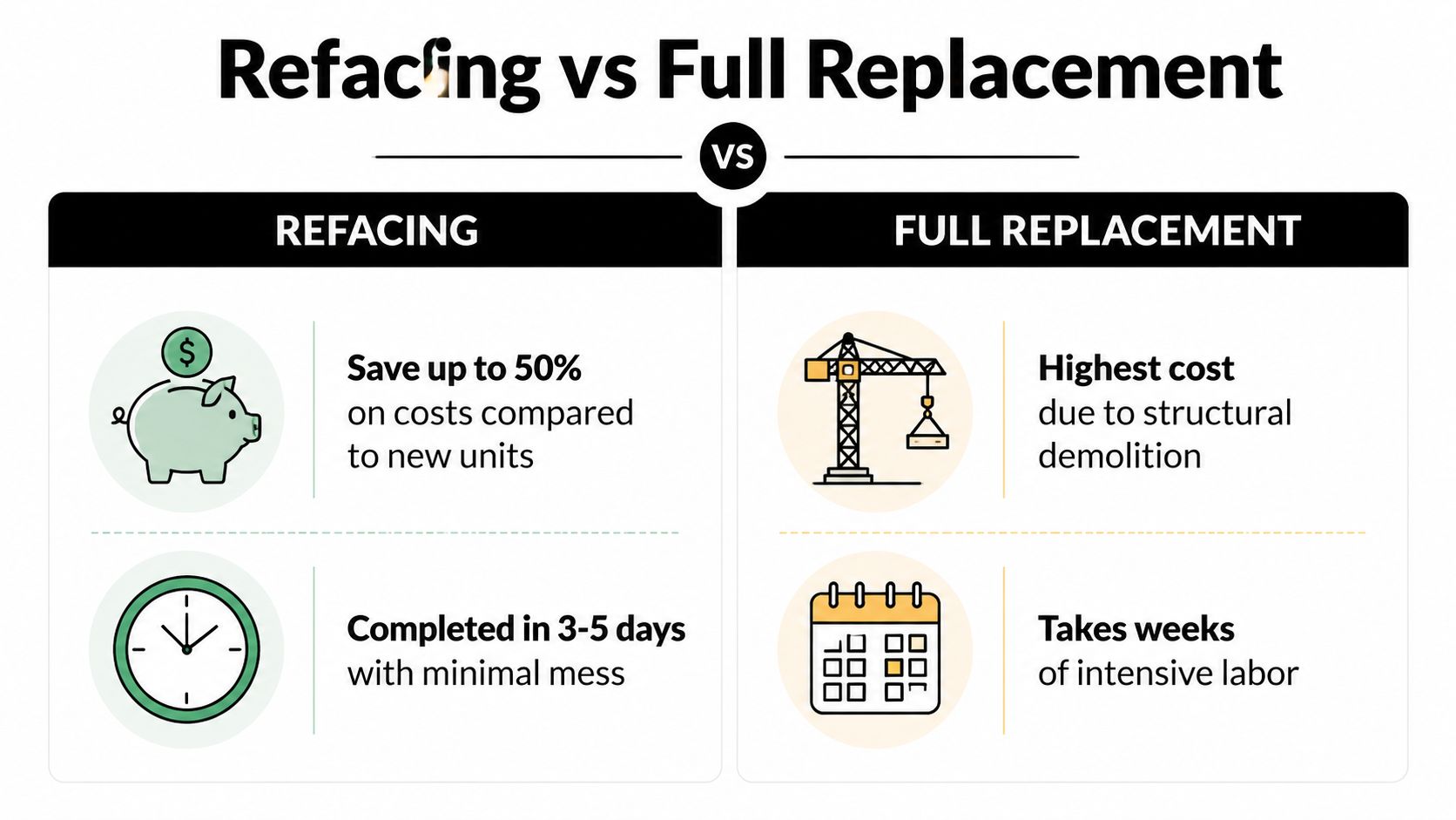 A comparison chart showing the cost and time benefits of kitchen cabinet refacing versus full replacement.