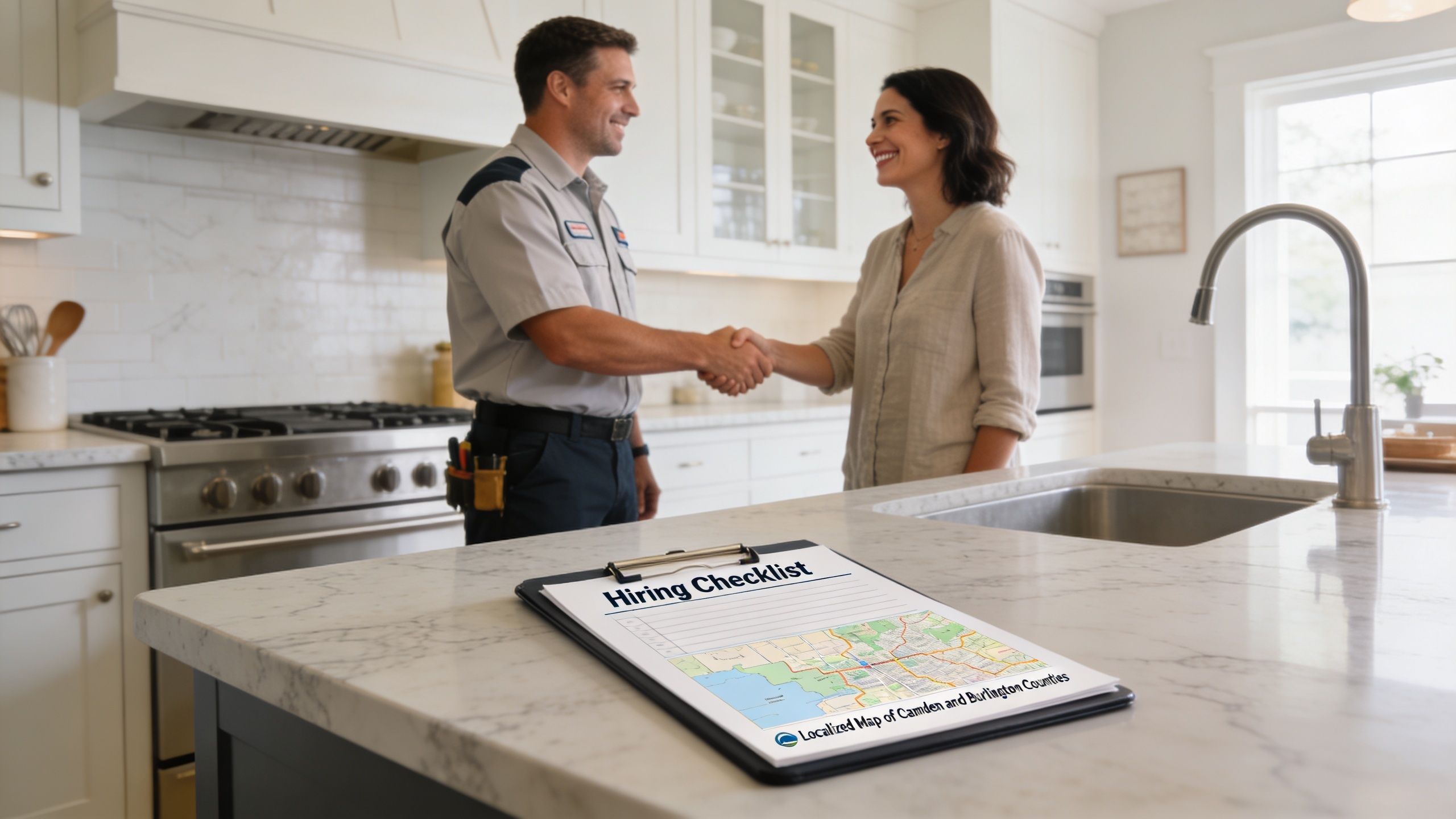 A professional kitchen contractor shaking hands with a homeowner inside a modern, renovated kitchen area.
