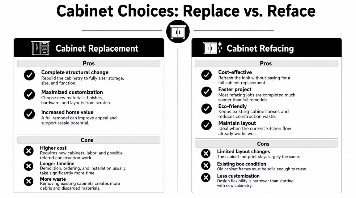 A comparison chart outlining the pros and cons of kitchen cabinet replacement versus cabinet refacing services.