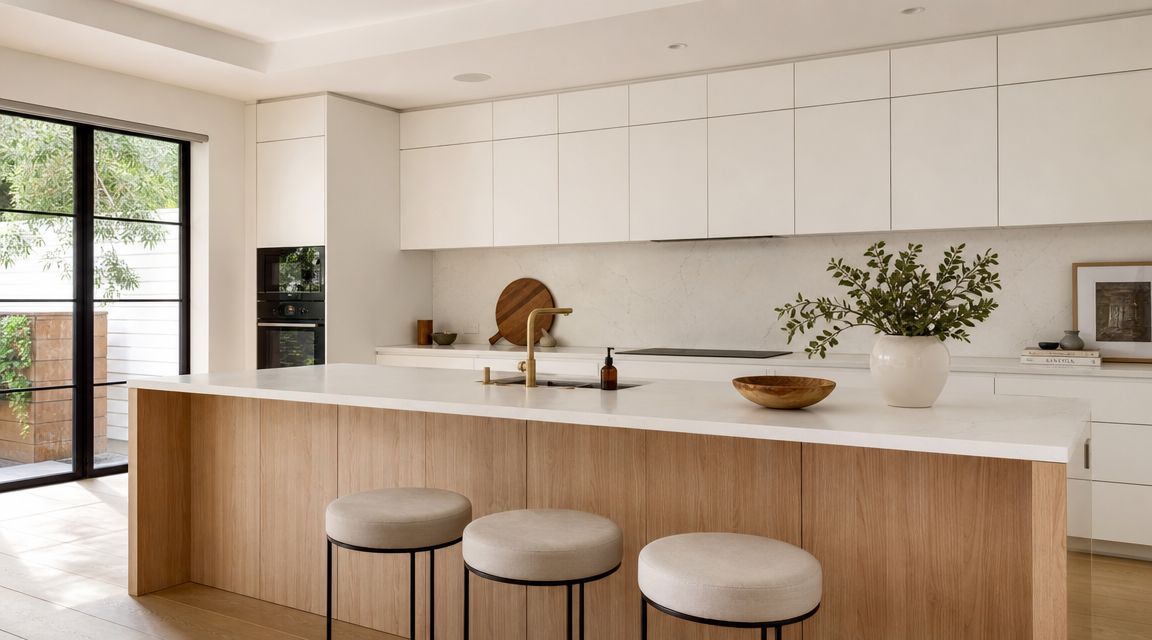 A modern, bright kitchen featuring light wood island cabinetry, white quartz countertops, and minimalist flat-panel wall cabinets.