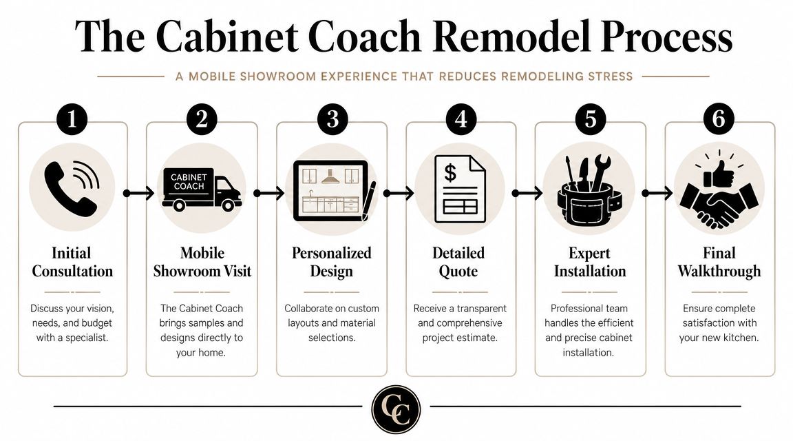 A six-step infographic showing The Cabinet Coach kitchen remodeling process from initial consultation to final walkthrough.