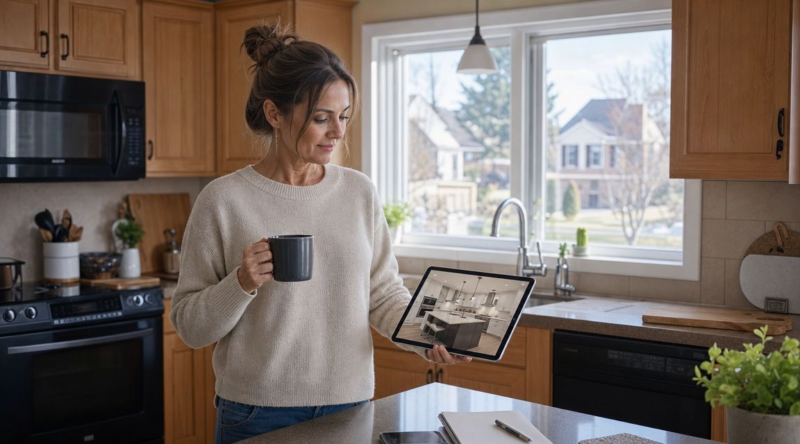 A woman holding a tablet showing a kitchen design while standing in her own home kitchen.