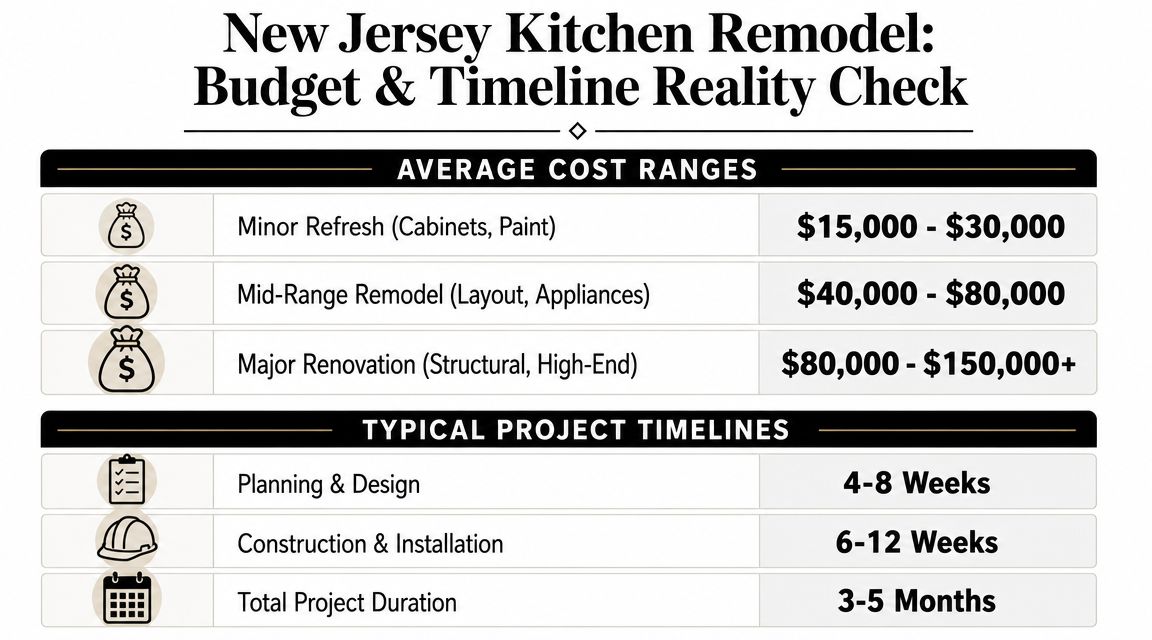 A chart showing estimated budget ranges and project timelines for a kitchen remodel in New Jersey.