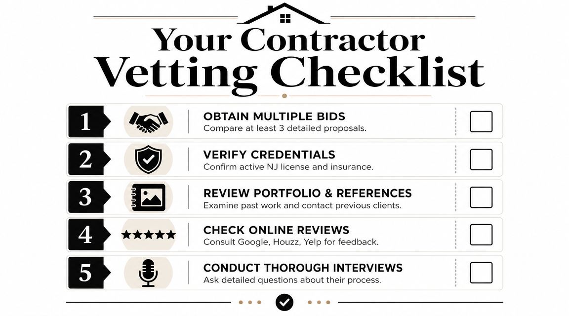 A five-step contractor vetting checklist guide to help homeowners select a professional and reliable contractor for renovations.