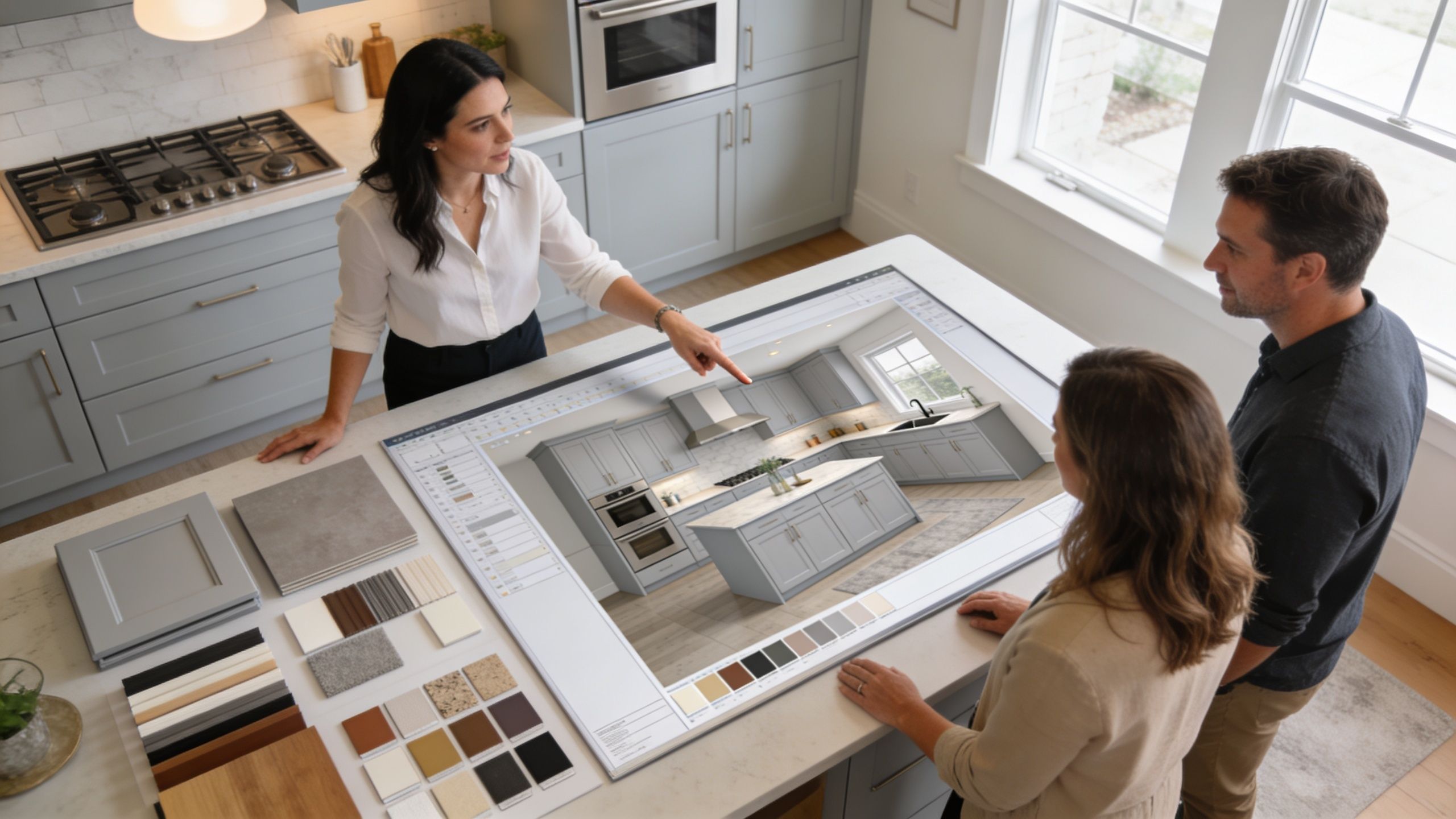 A professional interior designer shows a couple a 3D kitchen remodel on a digital touchscreen island display.