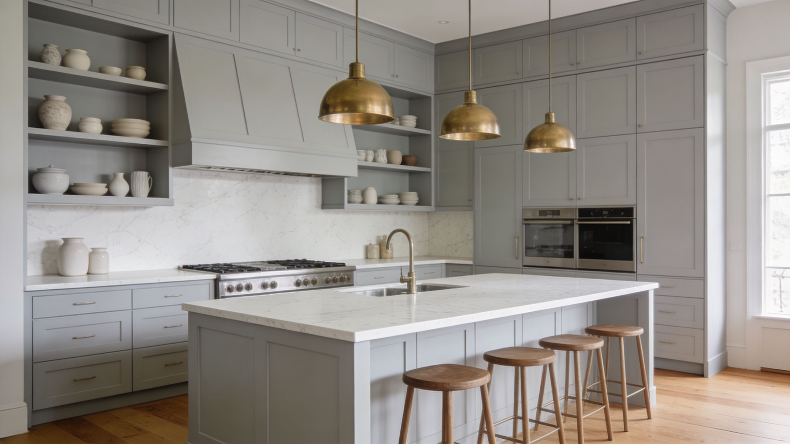 A sophisticated light grey painted kitchen with a marble island, brass pendant lights, and wooden bar stools.