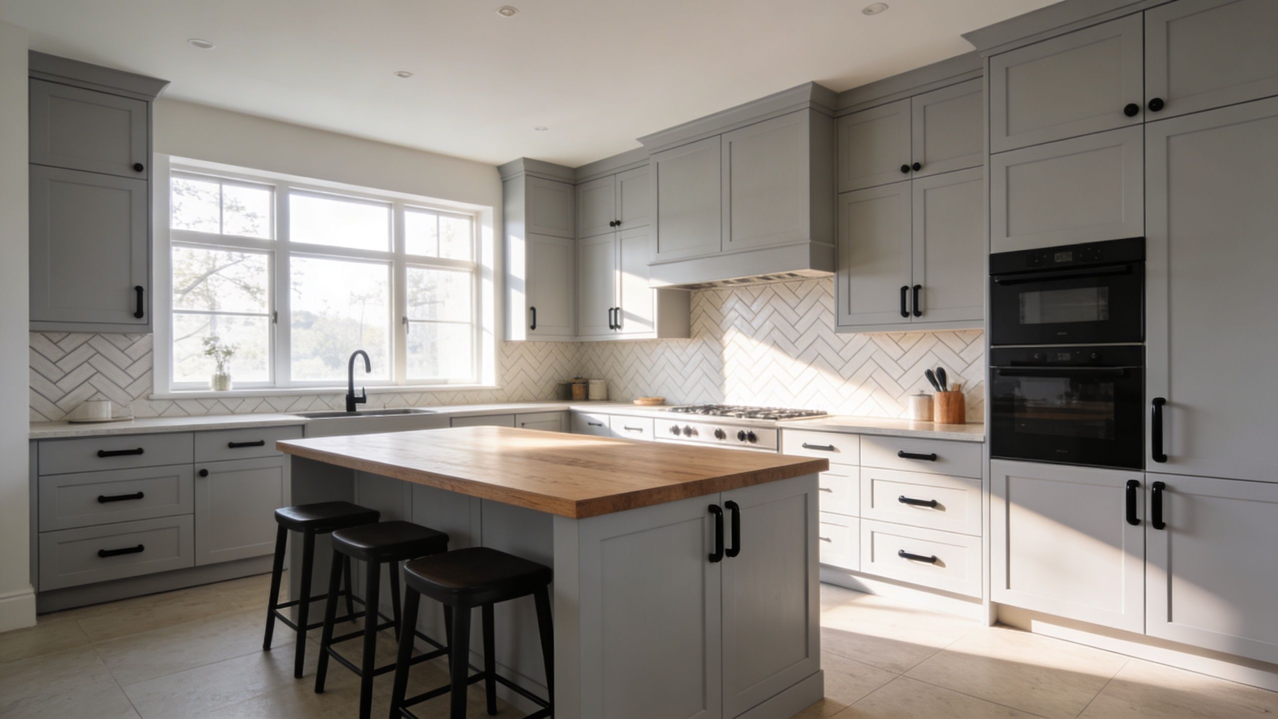 A bright, modern kitchen featuring light grey cabinetry, a wooden island, and a herringbone tiled backsplash.