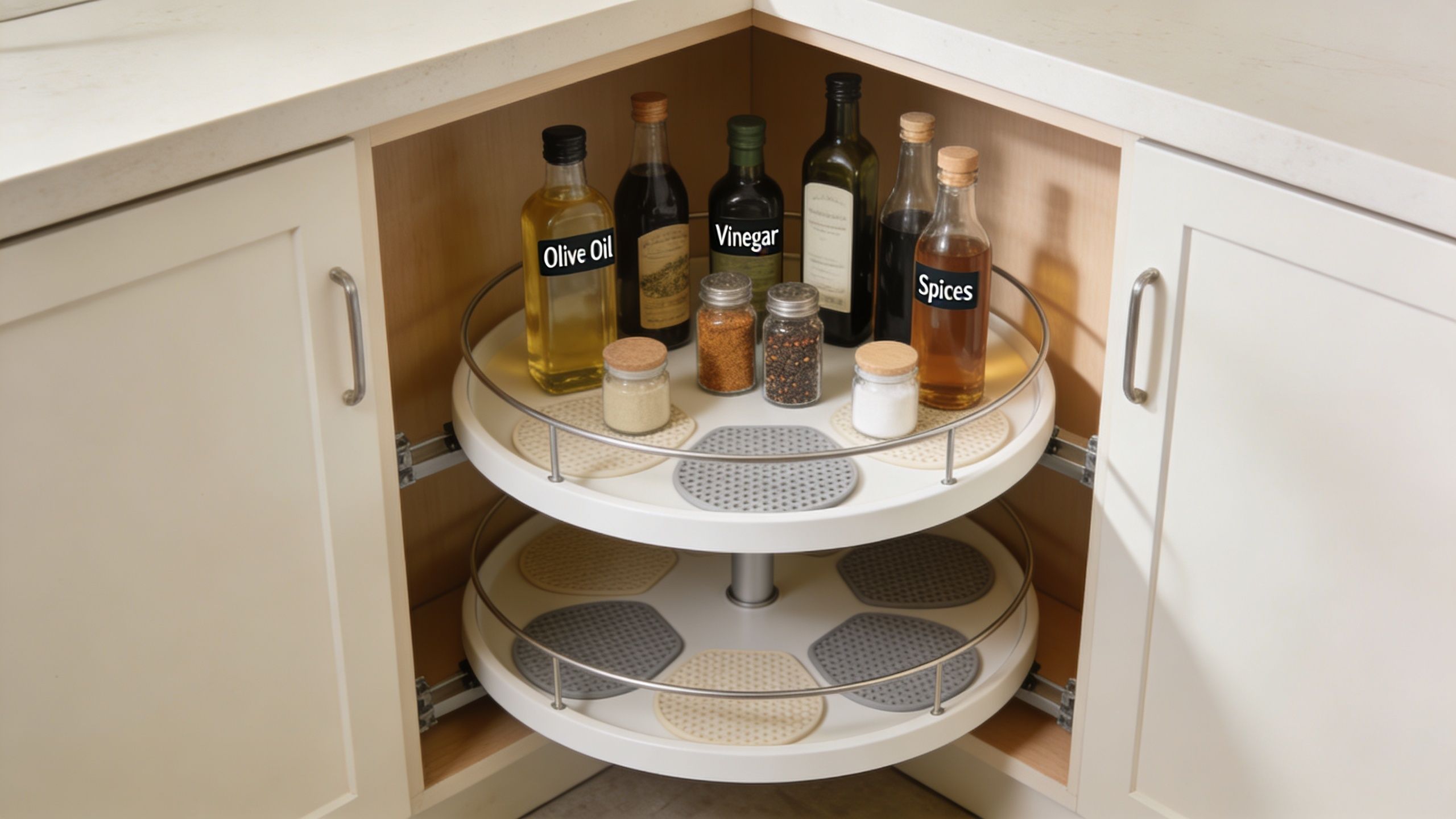 A corner cabinet featuring a revolving tiered tray filled with organized bottles of cooking oil, vinegar, and spices.