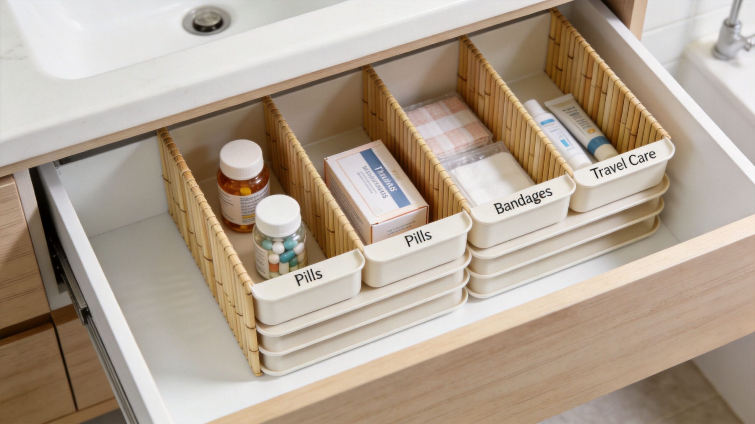 An open bathroom drawer featuring organized medicine containers with labels for pills, bandages, and travel care items.
