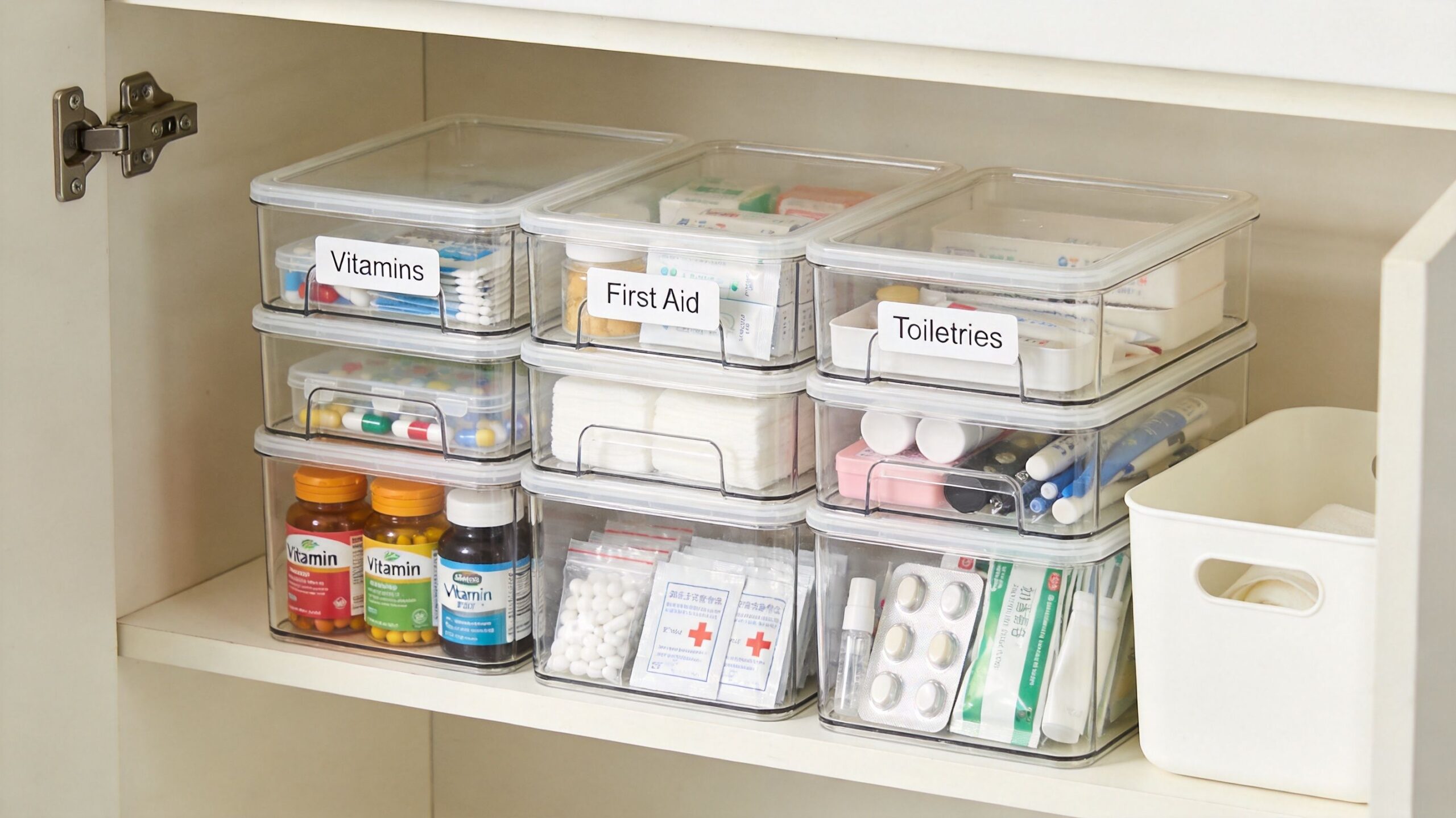 Clear storage bins organized with labels for vitamins, first aid, and toiletries inside a white kitchen cabinet.