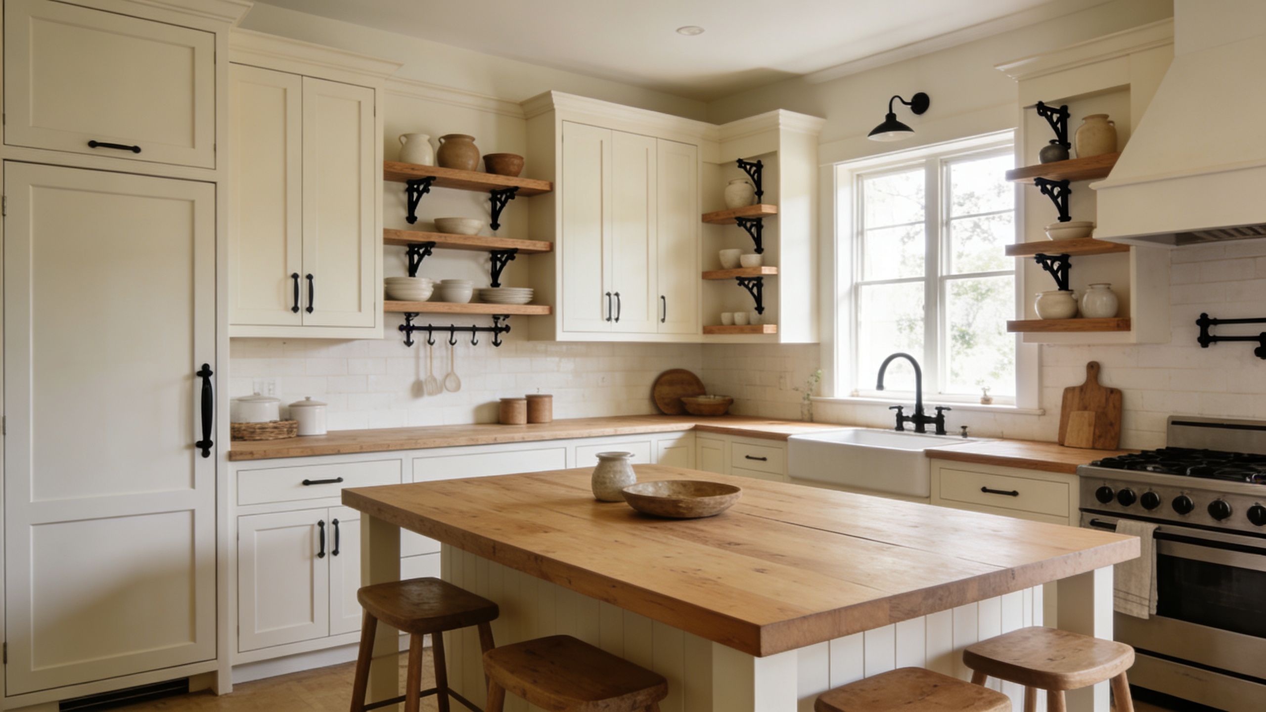 A bright modern farmhouse kitchen featuring cream-colored cabinets, a wooden island, and open shelving with ceramic dishes.