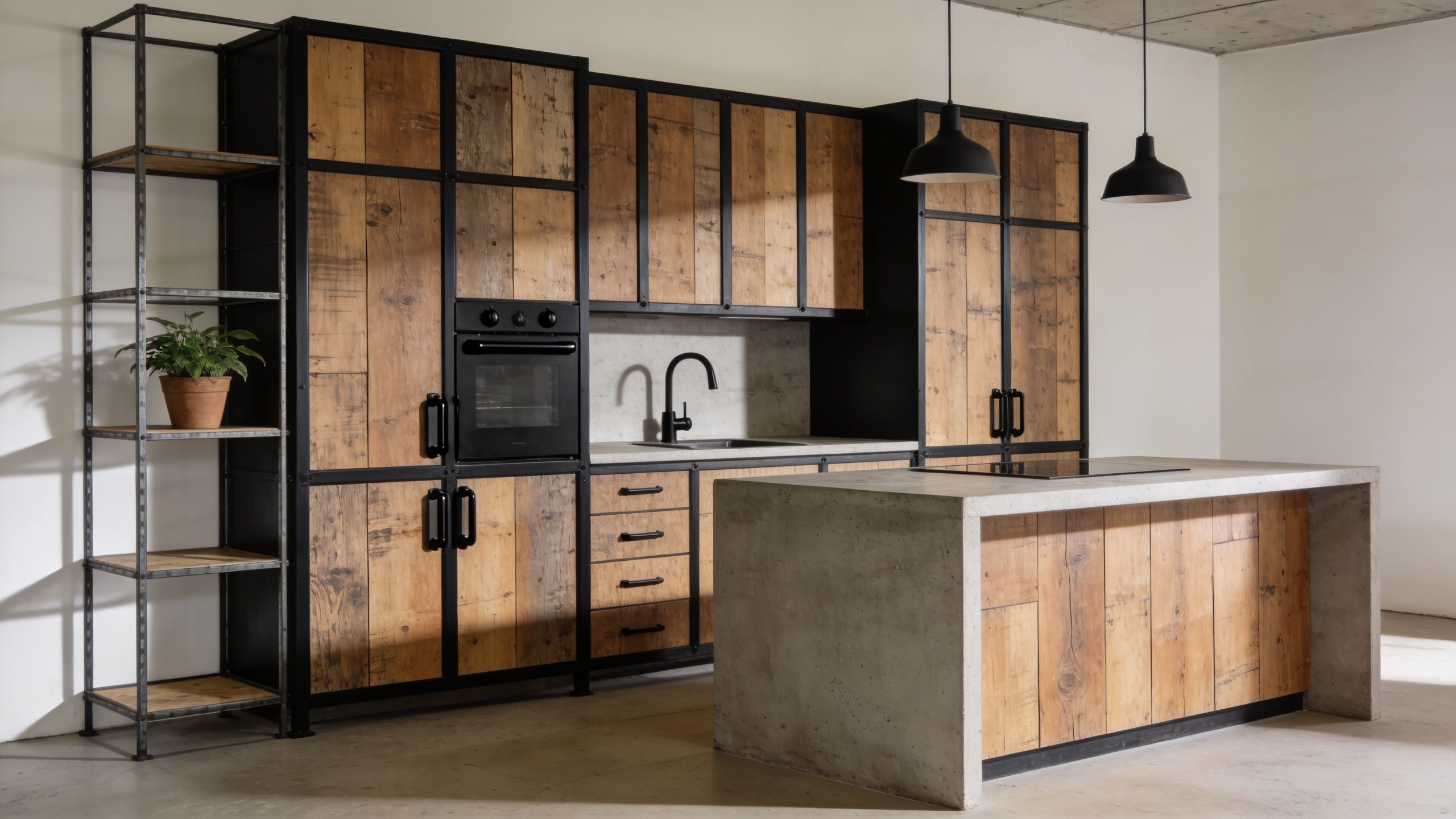 A modern kitchen with rustic wood cabinets, black metal frames, and a concrete island in an industrial space.