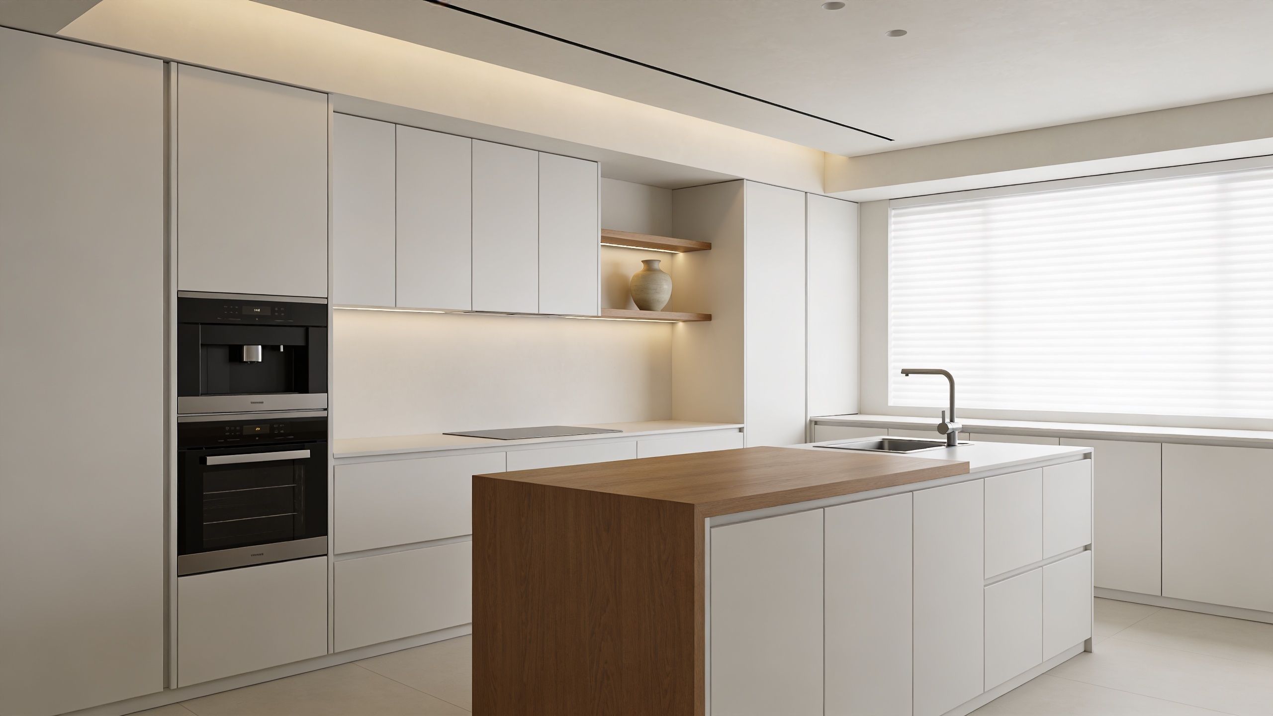 A modern minimalist kitchen featuring white cabinets, a wooden kitchen island, and sleek integrated appliances.