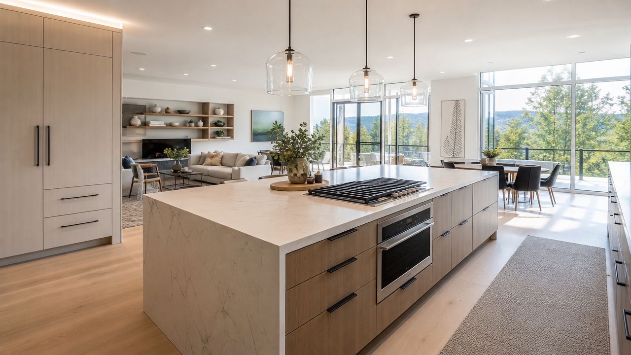 A modern open-concept kitchen with a large marble island, wood cabinetry, and a bright dining area.
