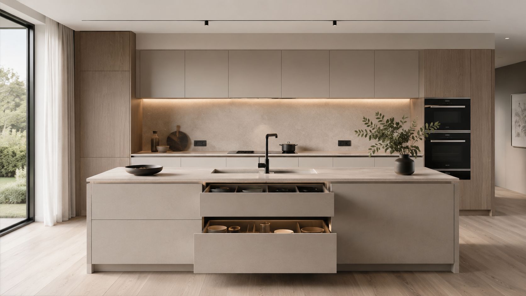 A modern contemporary kitchen featuring a minimalist island, light wood cabinetry, and sleek, neutral-toned interior design elements.
