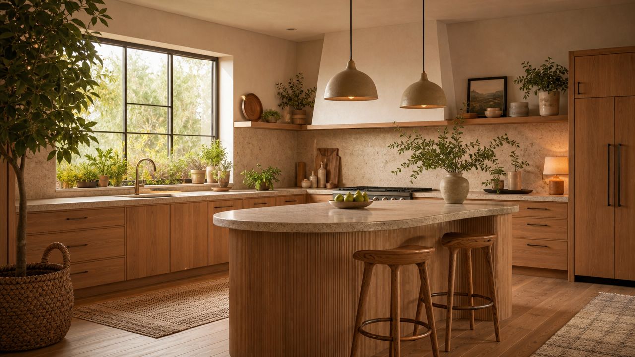 A warm and inviting modern contemporary kitchen featuring light wood cabinets, a curved island, and natural indoor greenery.