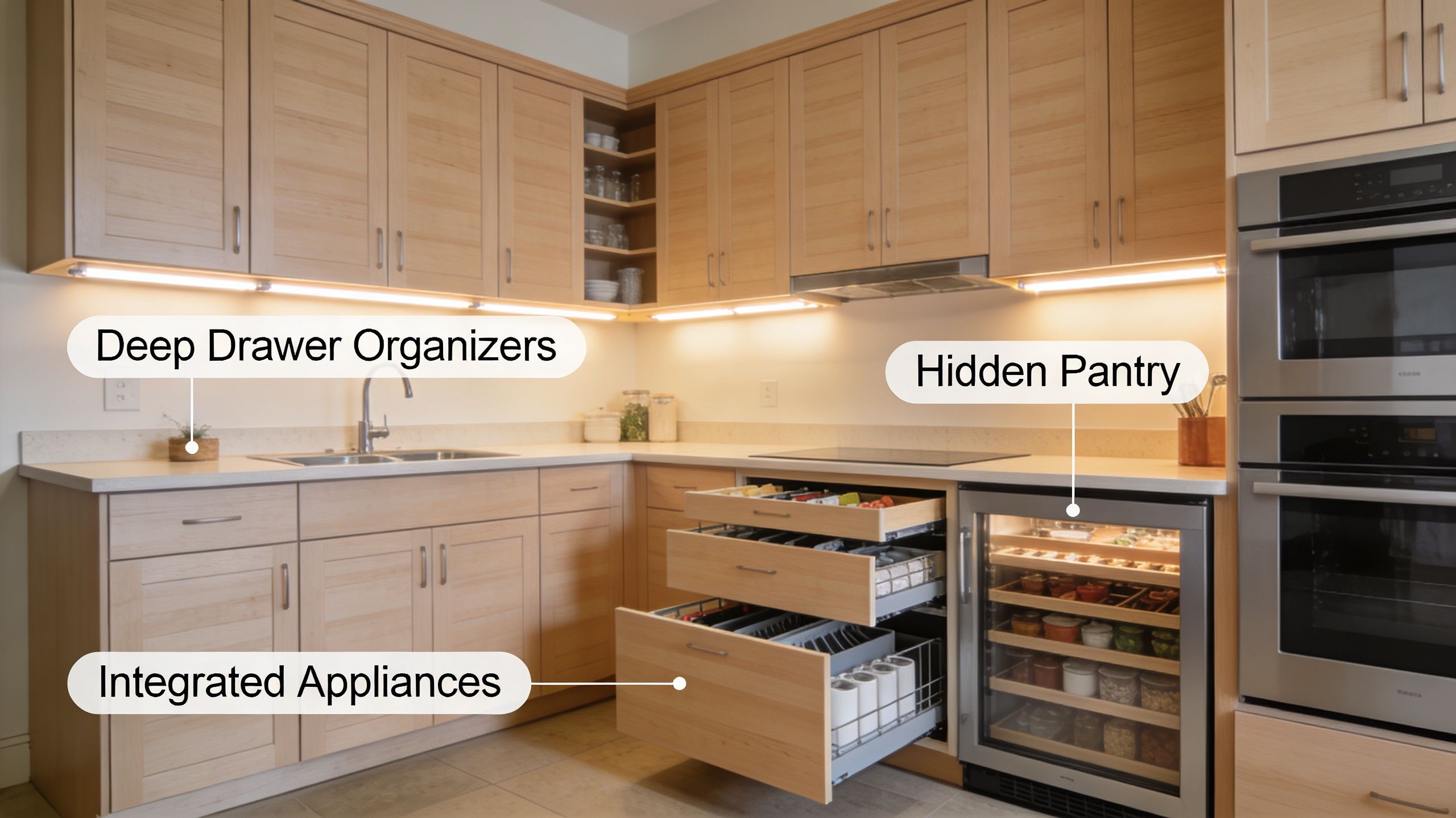 A modern kitchen featuring light maple wooden cabinets, integrated appliances, deep drawer organizers, and a hidden pantry unit.