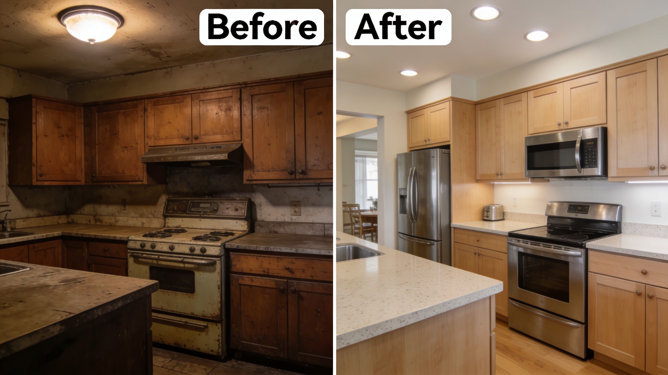 A split-view image showing a before-and-after kitchen renovation with modern maple cabinets and stainless steel appliances.