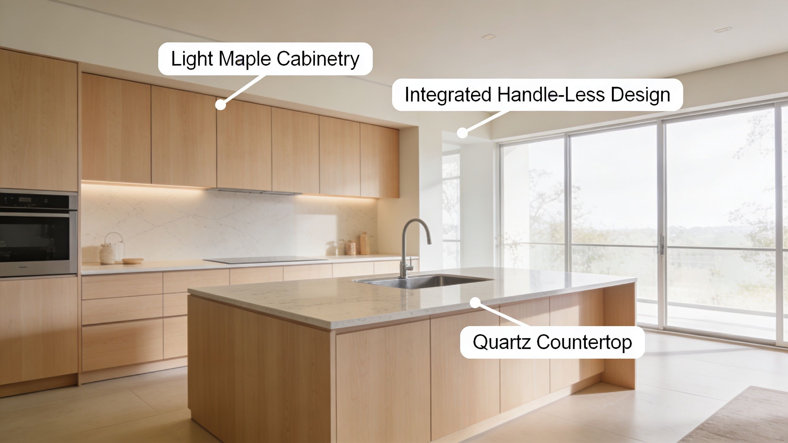 A bright, modern kitchen featuring light maple cabinets, quartz countertops, and a sleek handle-less design.
