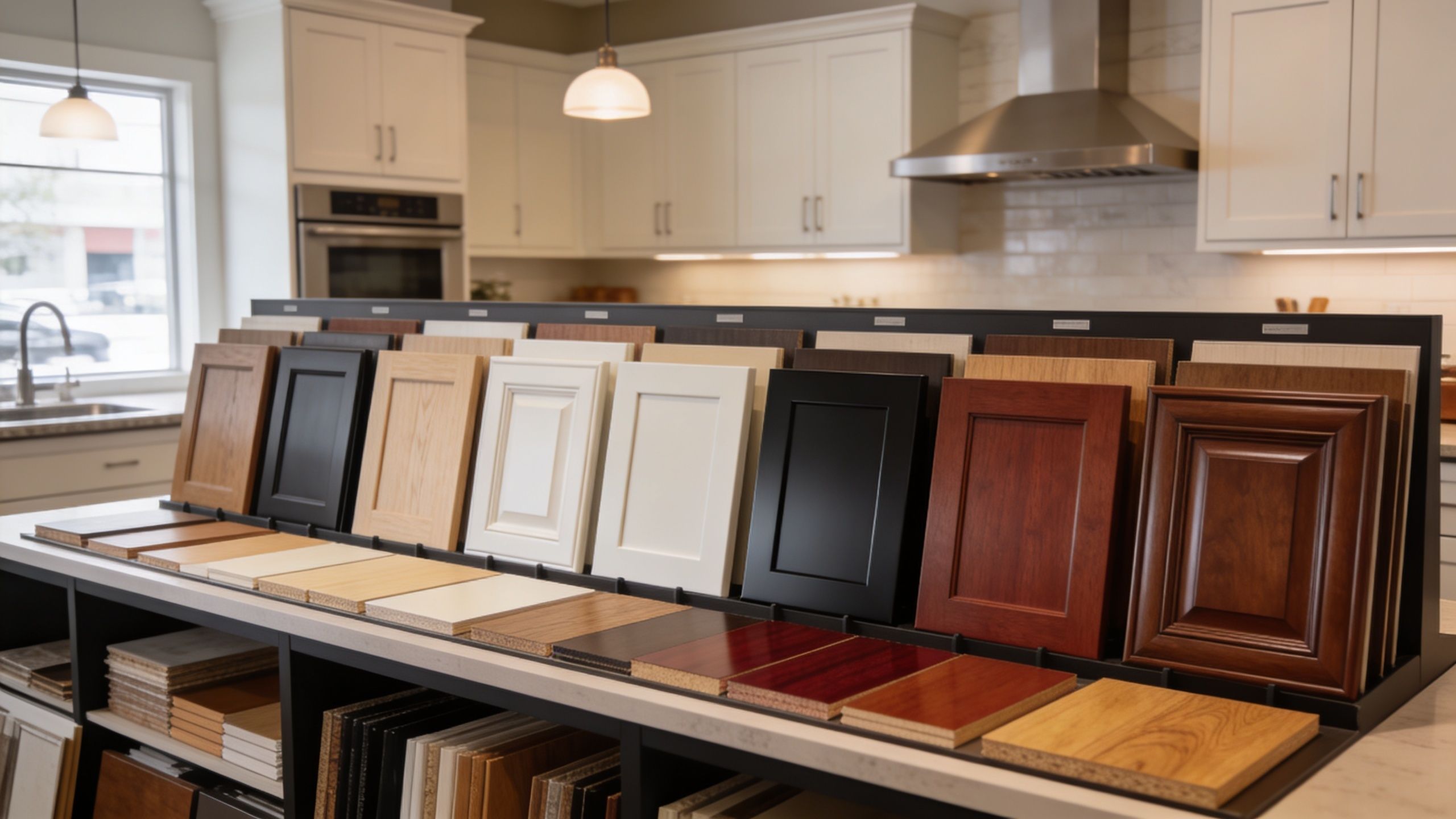 A showroom display featuring a variety of wood cabinet door samples in different finishes and styles.